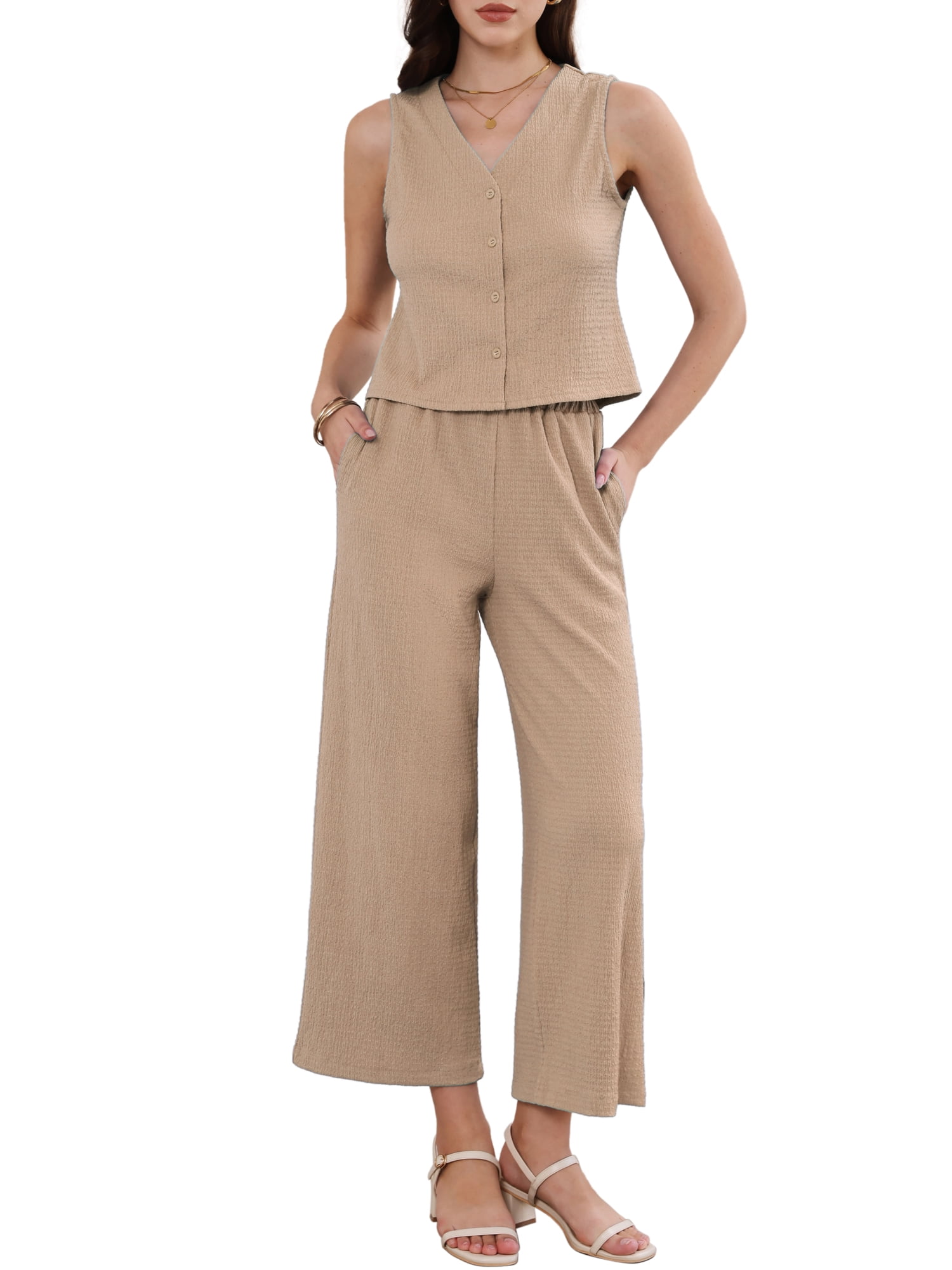 DARING DIVA Women's 2 Piece Sets extured Casual Lounge Pants Suit Matching Set S Brown