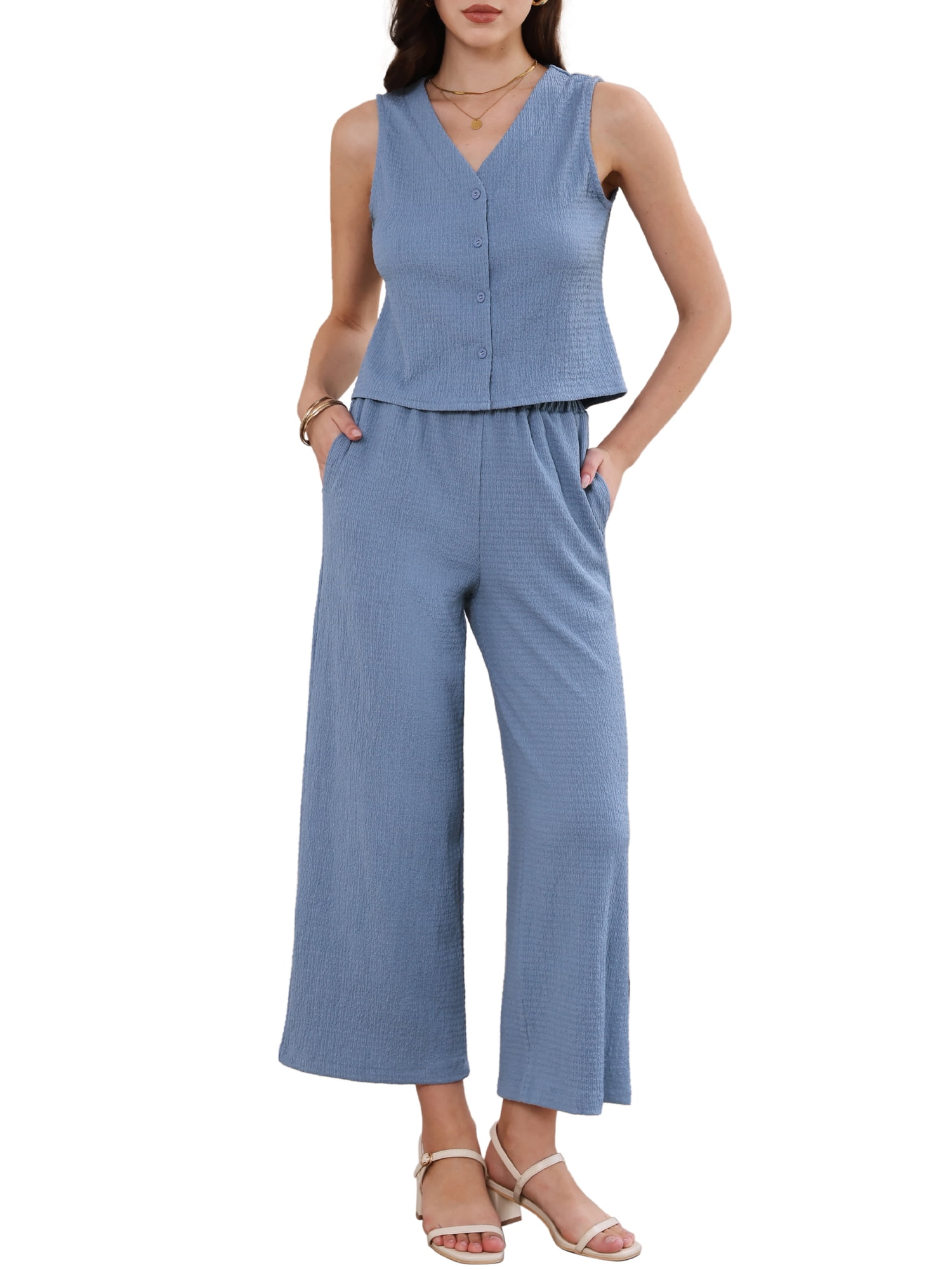 DARING DIVA Women's 2 Piece Sets extured Casual Lounge Pants Suit Matching Set XL Blue