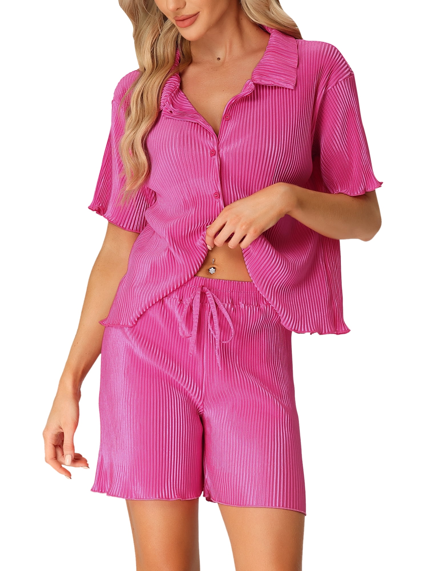 DARING DIVA Women's 2-Piece Short Sleeve Button Down Shirt and Shorts Set S Hot Pink