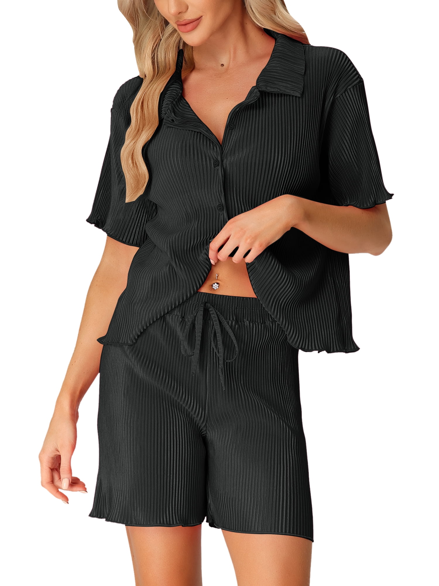 DARING DIVA Women's 2-Piece Short Sleeve Button Down Shirt and Shorts Set XS Black