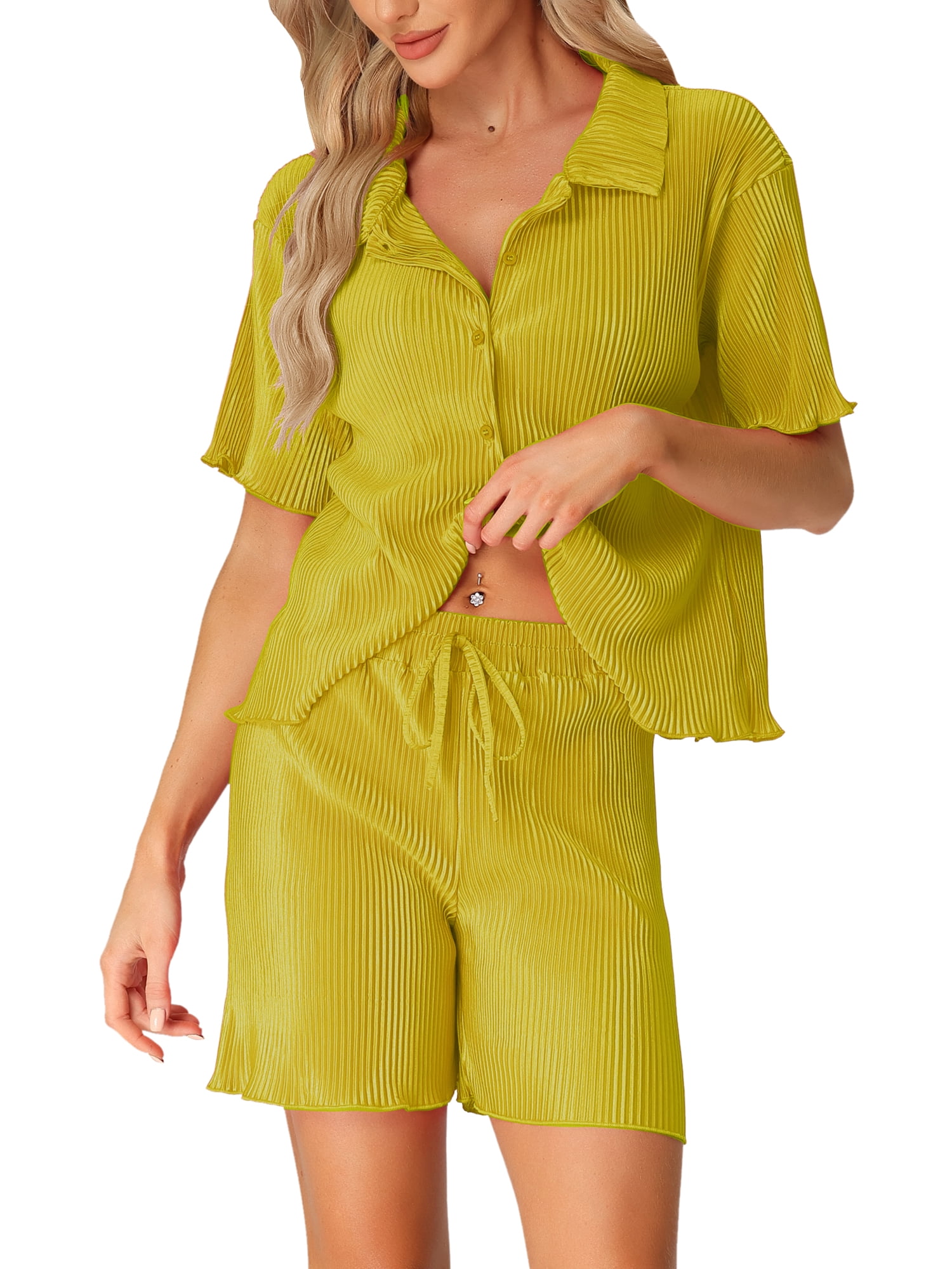 DARING DIVA Women's 2-Piece Short Sleeve Button Down Shirt and Shorts Set XS Green