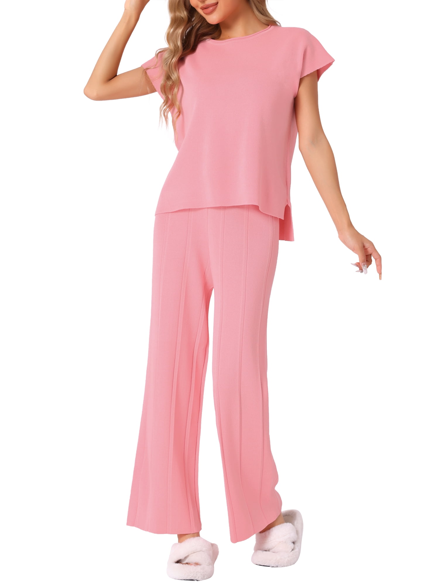 DARING DIVA Women's 2-Piece Short Sleeve Tops Wide Leg Pants Sets S Pink