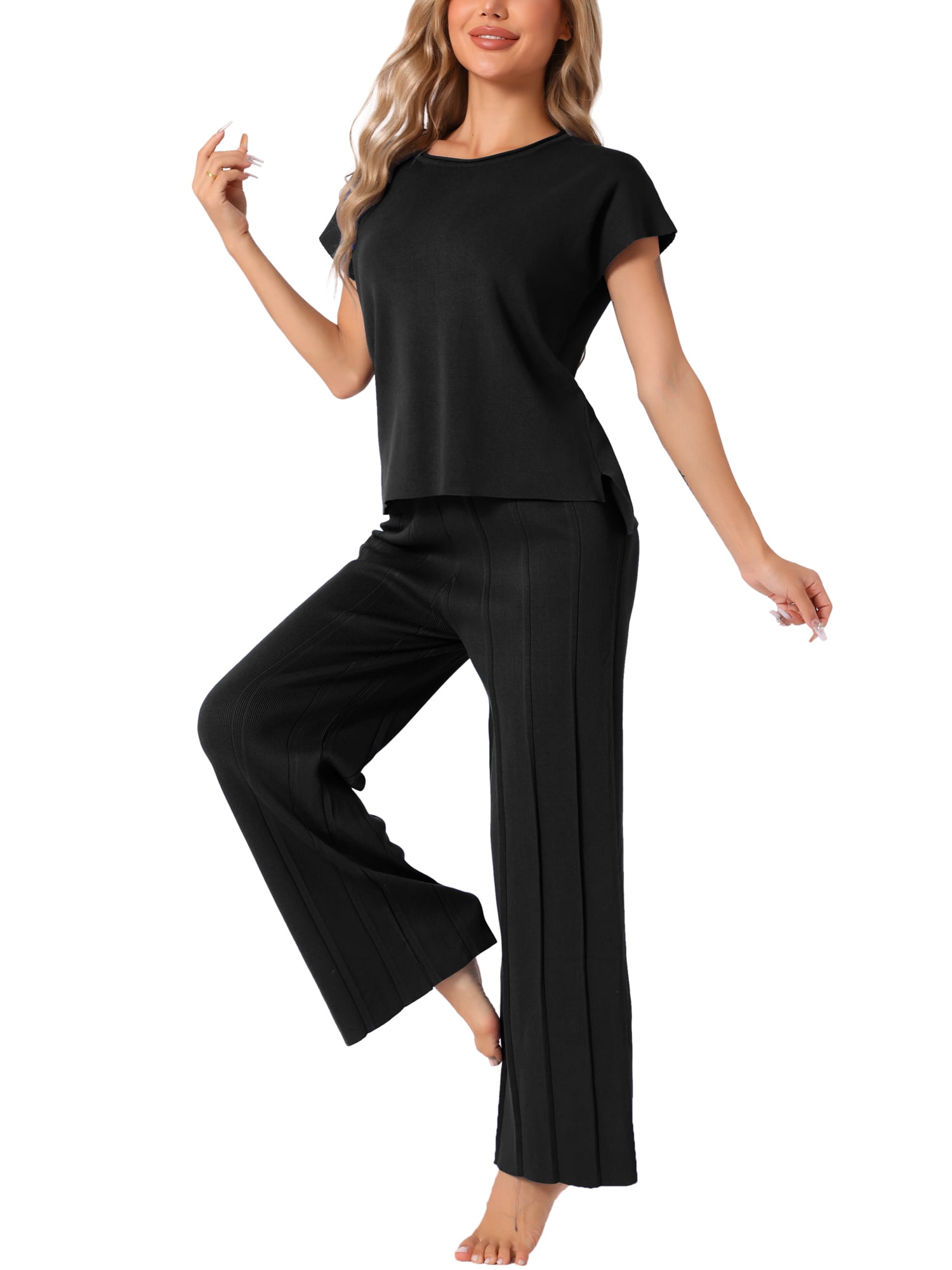 DARING DIVA Women's 2-Piece Short Sleeve Tops Wide Leg Pants Sets XS Black