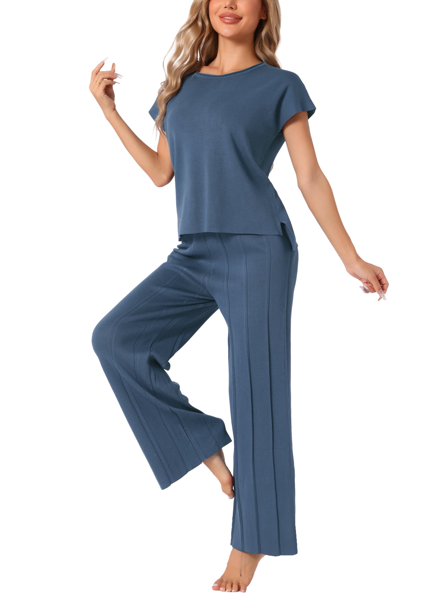 DARING DIVA Women's 2-Piece Short Sleeve Tops Wide Leg Pants Sets XS Blue