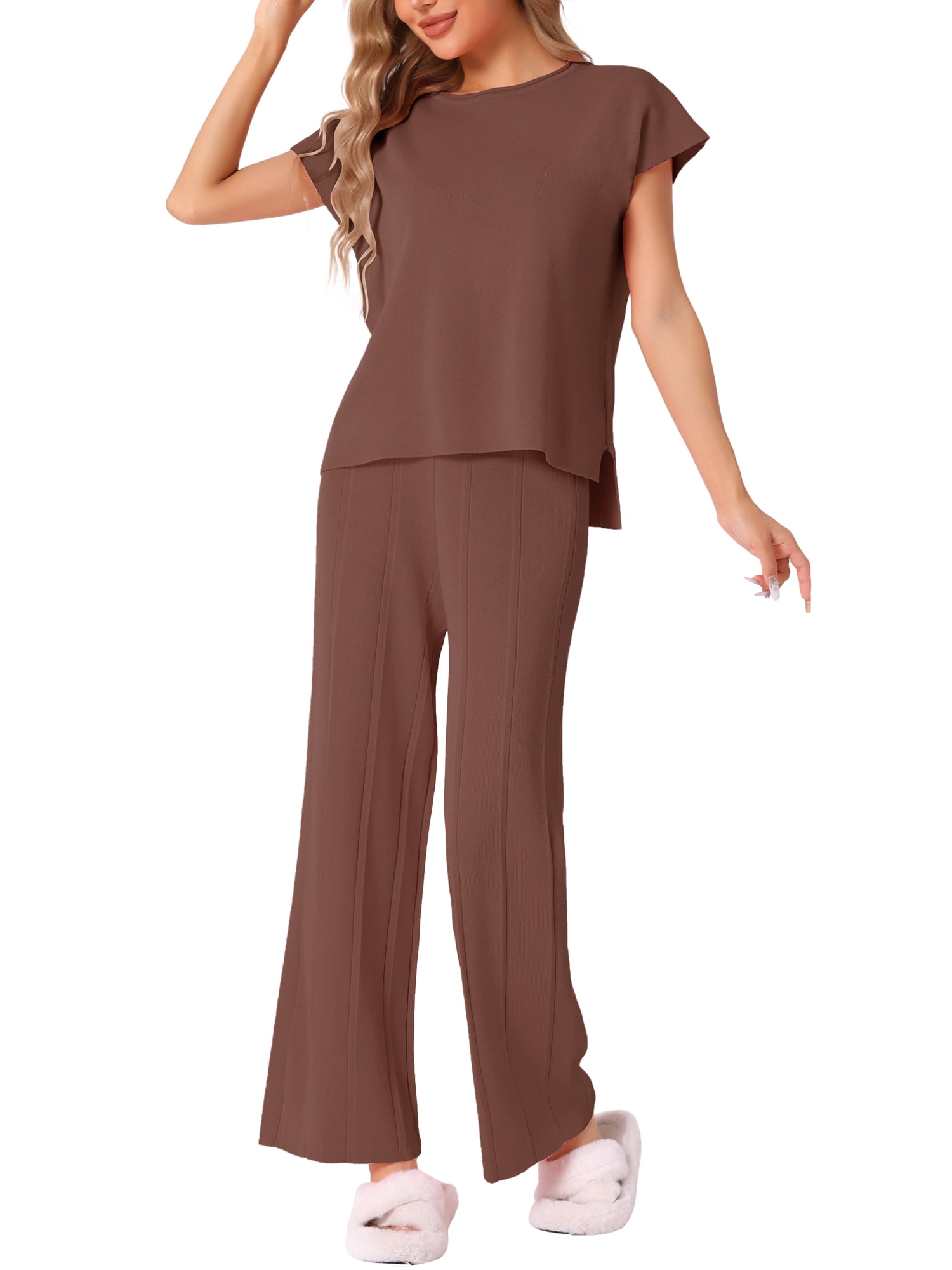 DARING DIVA Women's 2-Piece Short Sleeve Tops Wide Leg Pants Sets XS Coffee