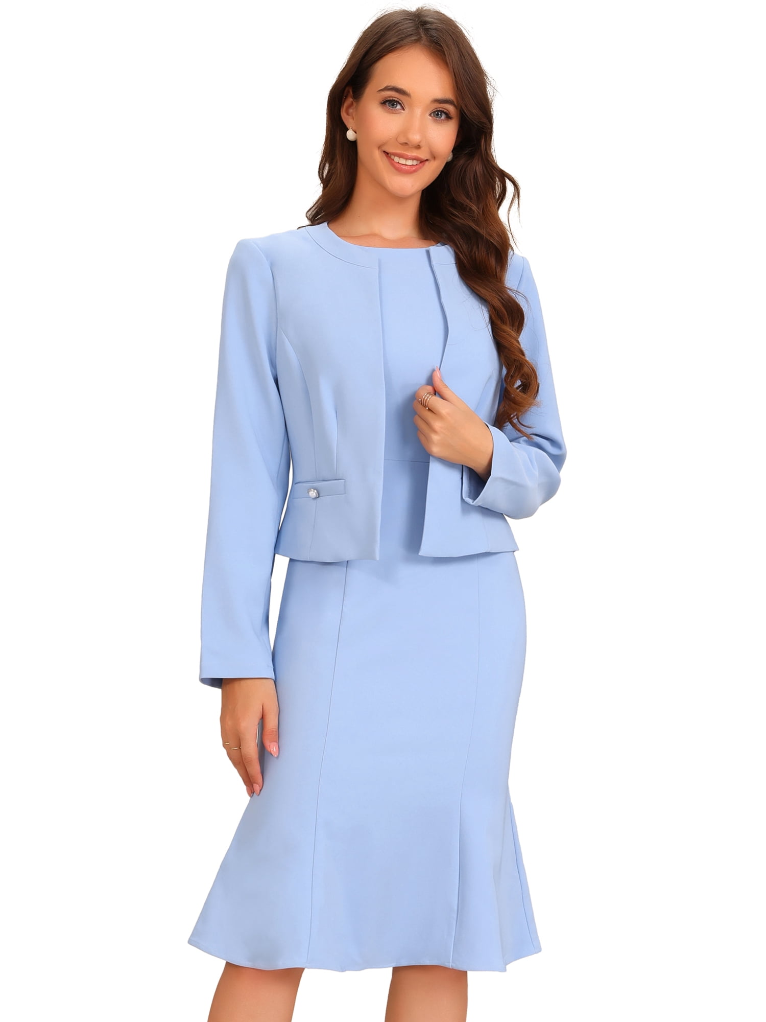 DARING DIVA Women's 2Pcs Suit Sleeveless Dress Crop Blazer Set S Light Blue