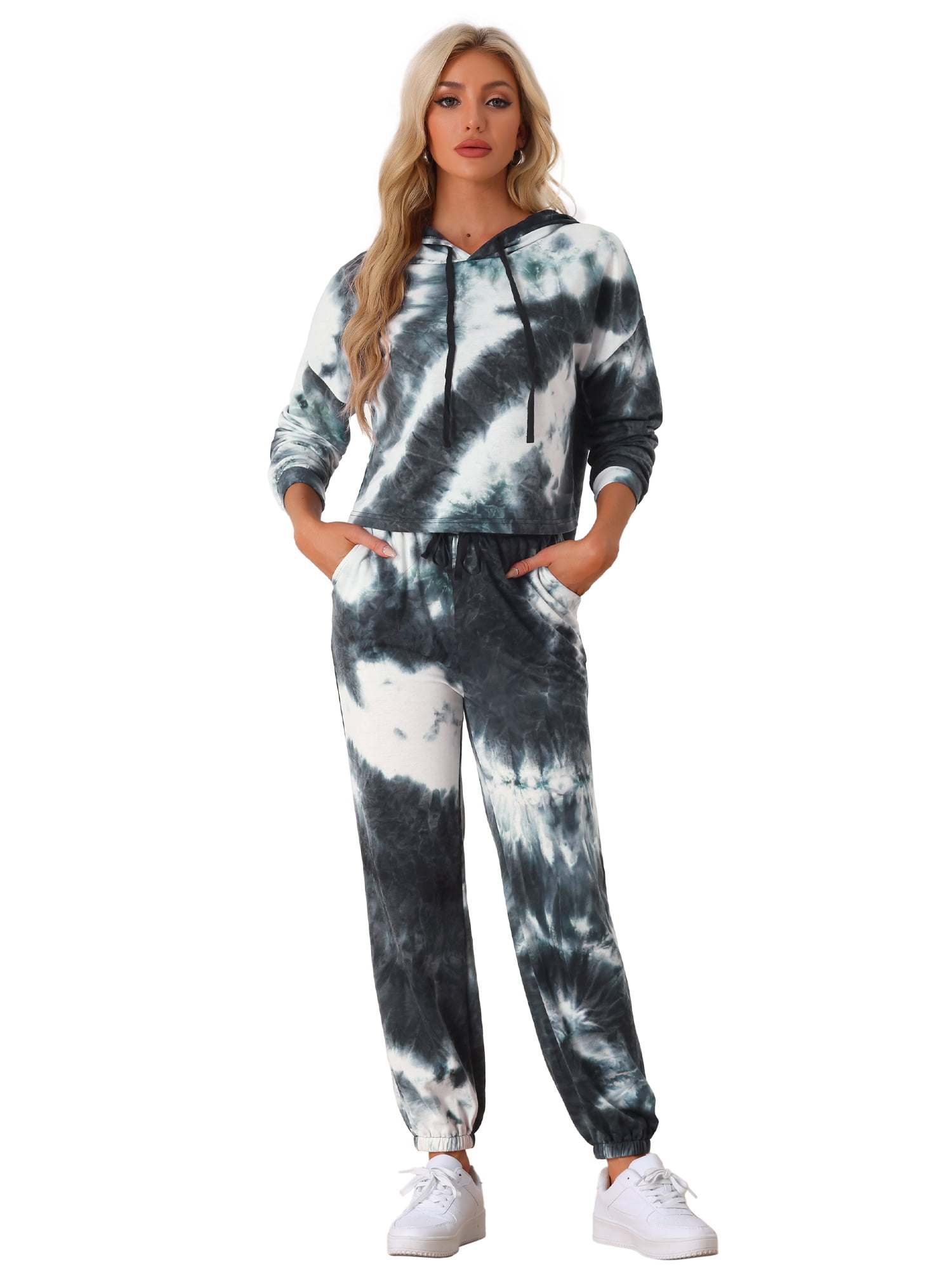DARING DIVA Women's 2 Piece Tie Dye Hoodie Drawstring Sports Outfit L Black