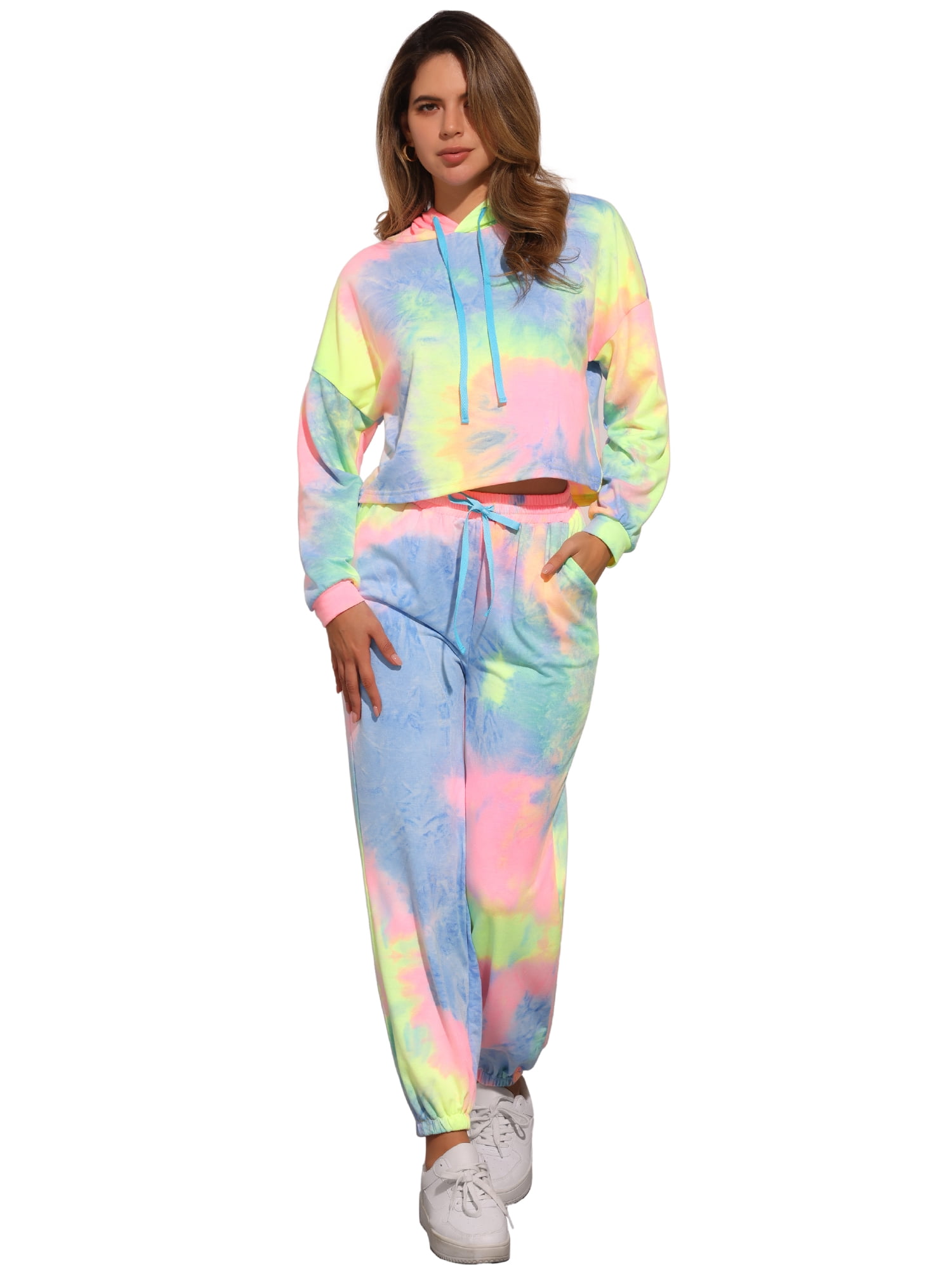 DARING DIVA Women's 2 Piece Tie Dye Hoodie Drawstring Sports Outfit L Yellow Blue