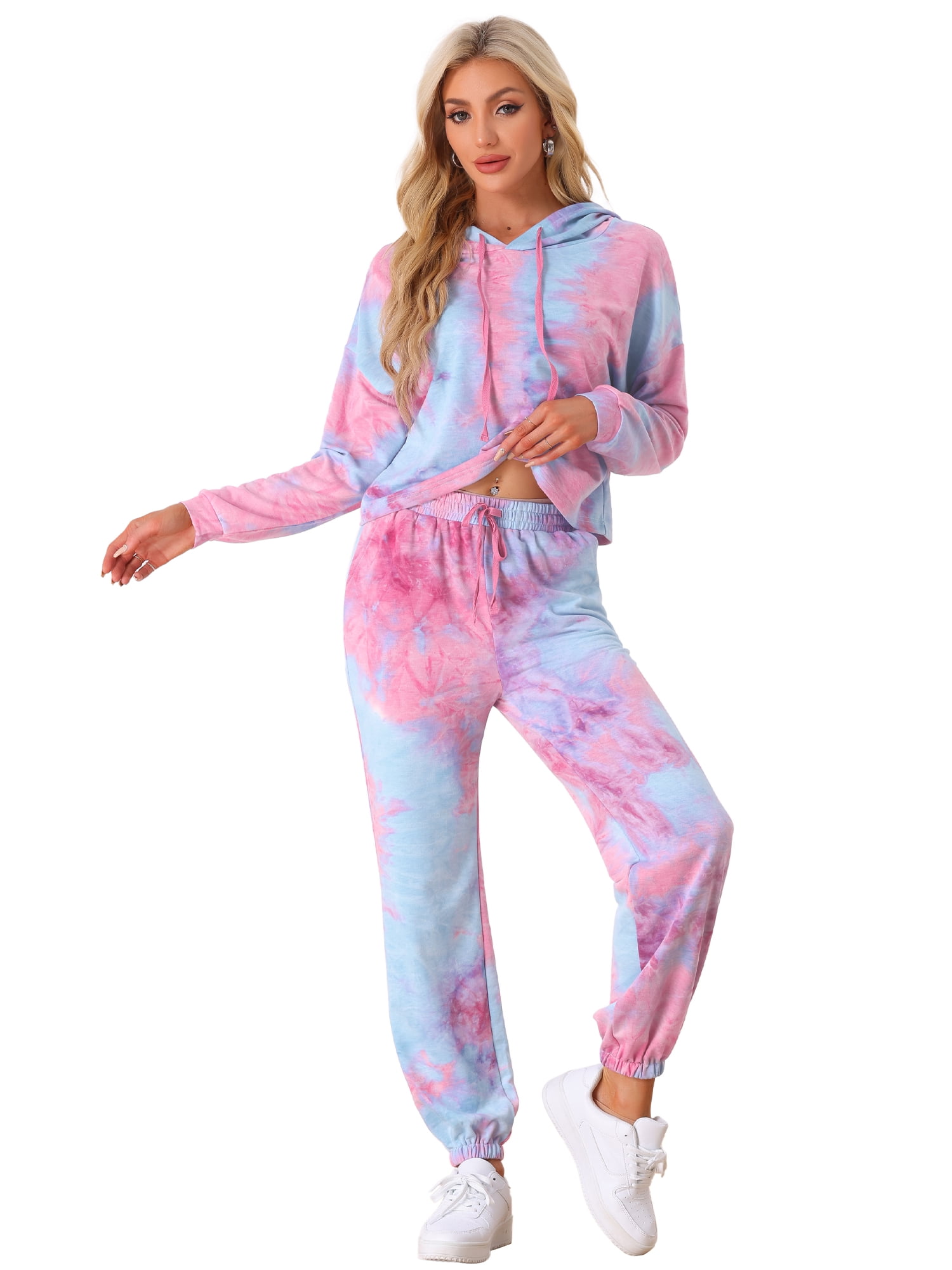 DARING DIVA Women's 2 Piece Tie Dye Hoodie Drawstring Sports Outfit M Pink Blue