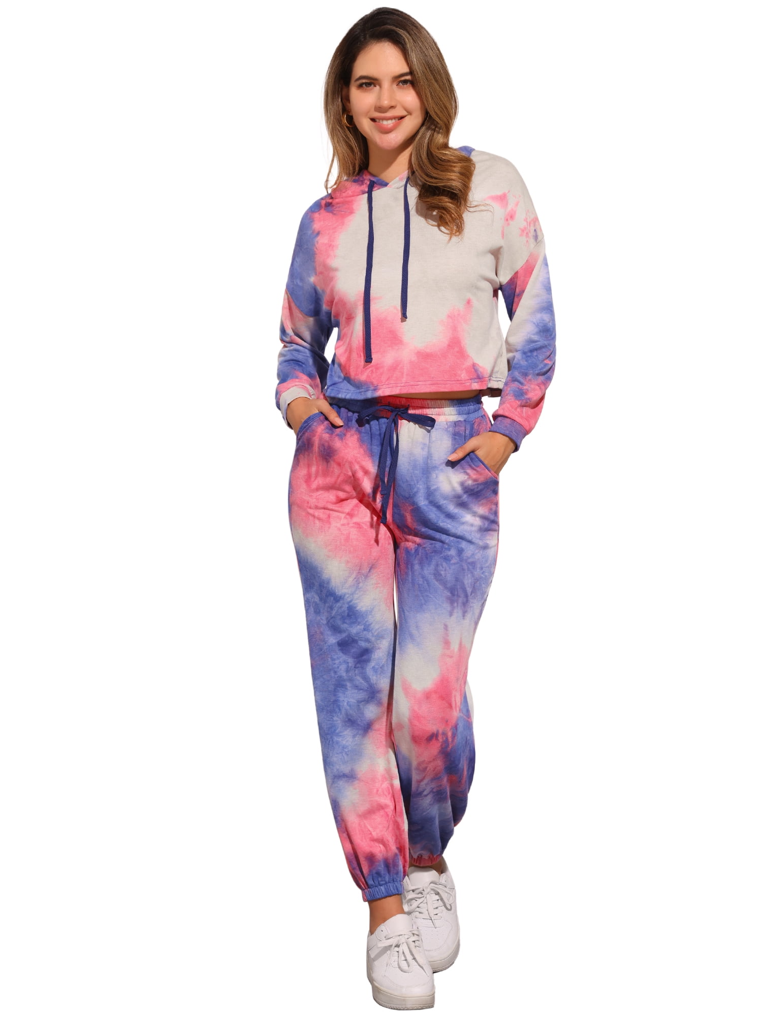 DARING DIVA Women's 2 Piece Tie Dye Hoodie Drawstring Sports Outfit XL Purple Blue