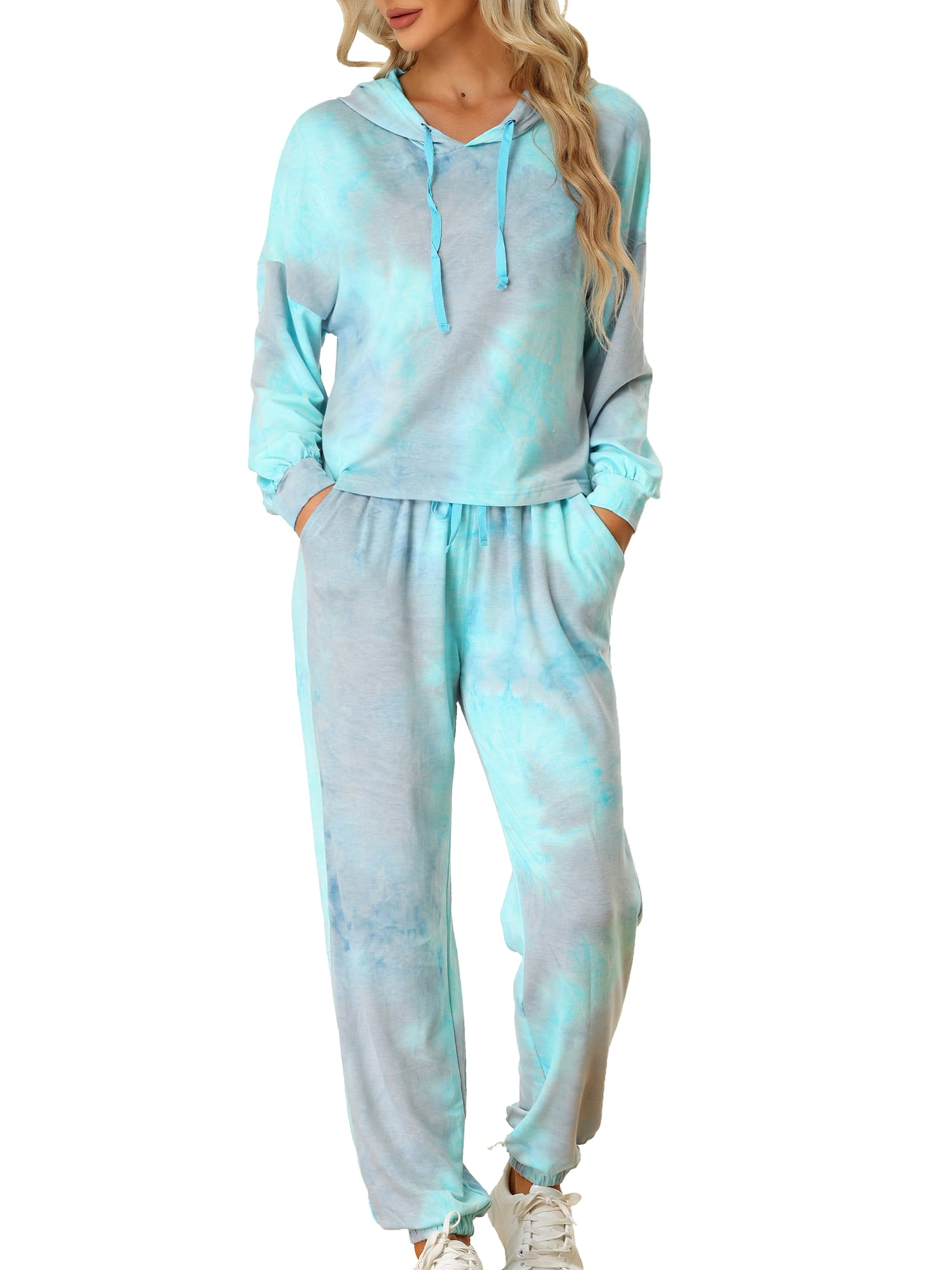 DARING DIVA Women's 2 Piece Tie Dye Hoodie Drawstring Sports Outfit XS Light Blue
