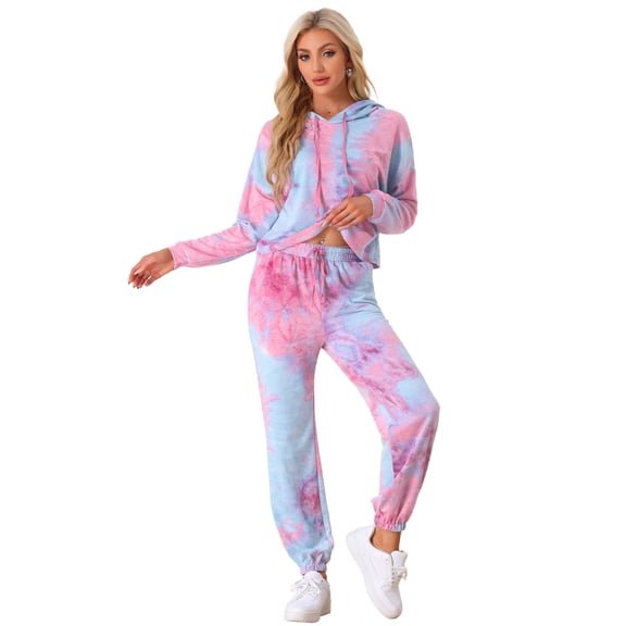 DARING DIVA Women's 2 Piece Tie Dye Hoodie Drawstring Sports Outfit XS Pink Blue