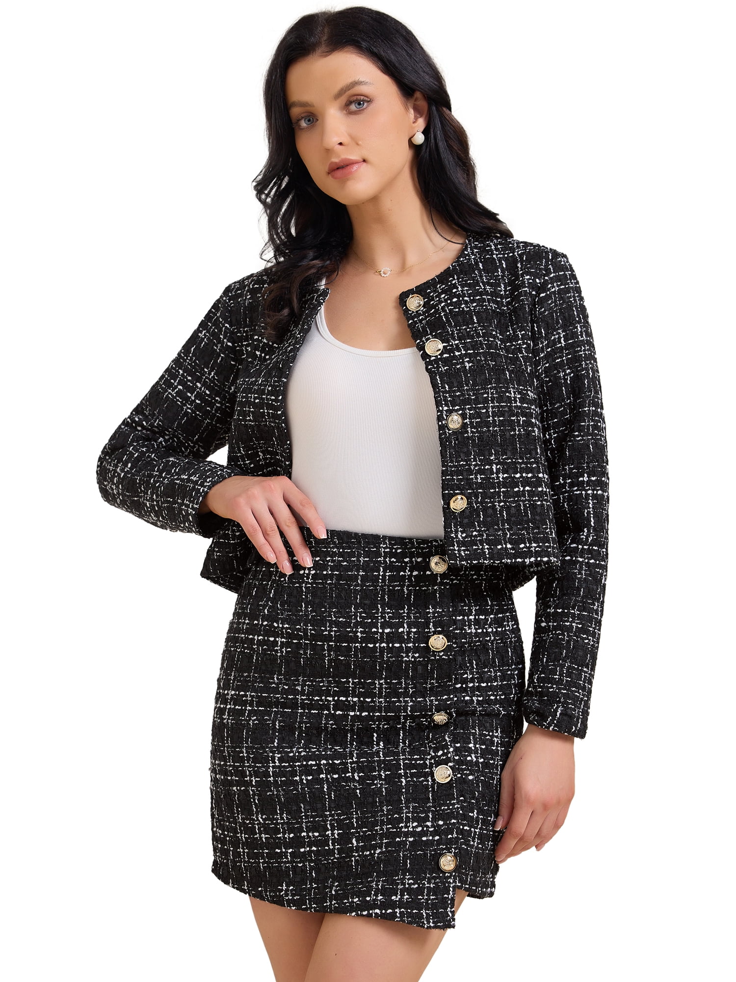 DARING DIVA Women's 2 Piece Tweed Blazers Button Down Jacket Mini Skirt Set L Black