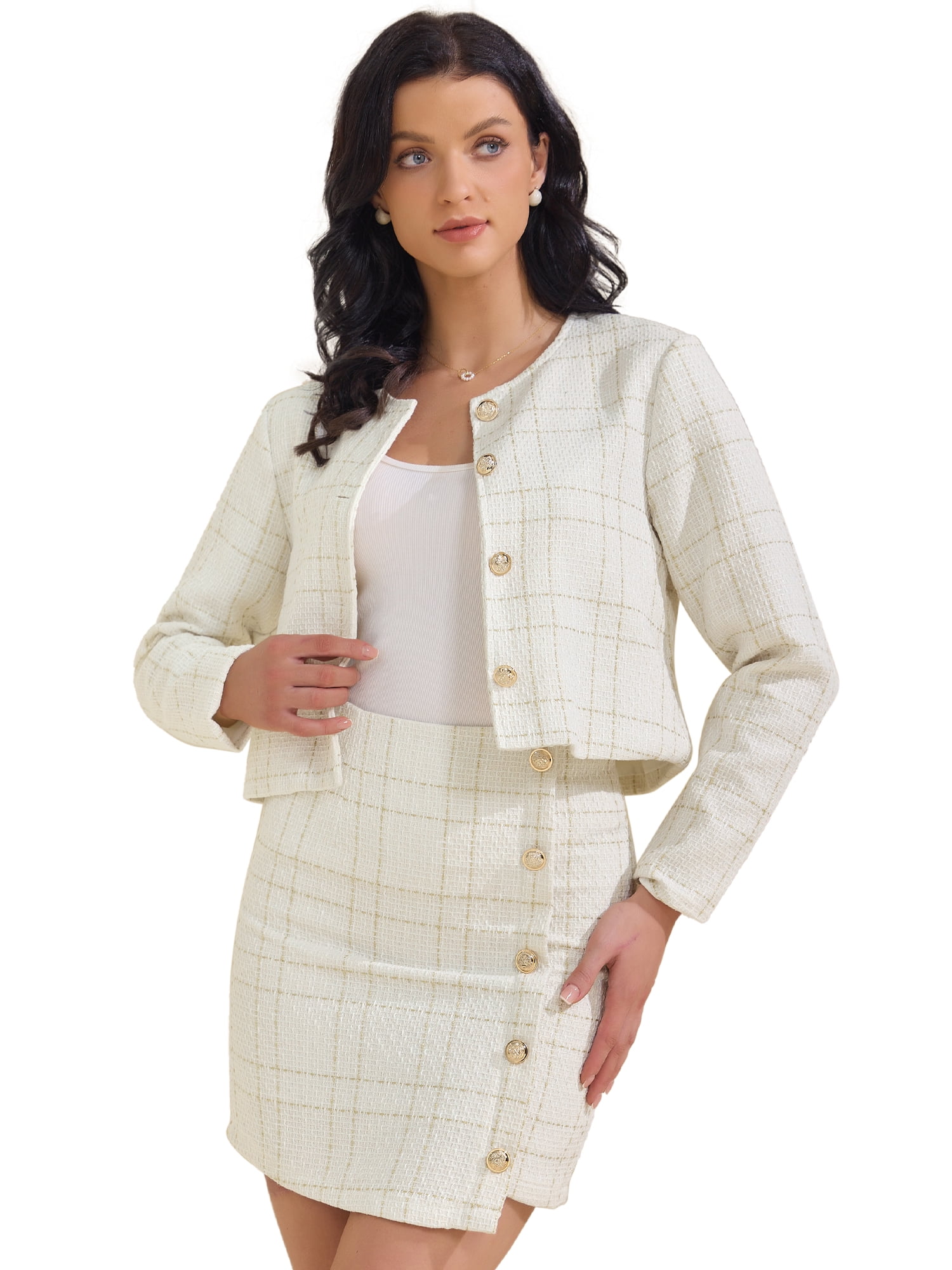 DARING DIVA Women's 2 Piece Tweed Blazers Button Down Jacket Mini Skirt Set M White