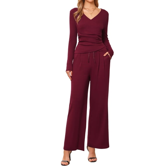 DARING DIVA Women's V Neck Drawstring Long Sleeve Wide Leg Casual Sets L Burgundy