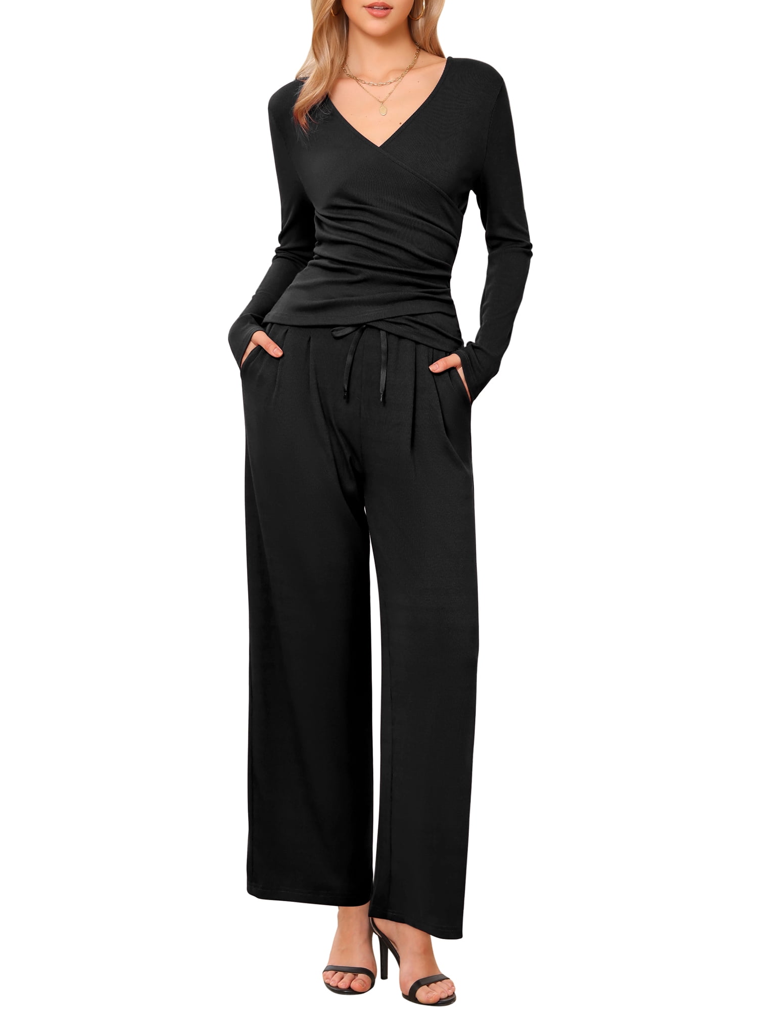 DARING DIVA Women's V Neck Drawstring Long Sleeve Wide Leg Casual Sets XS Black