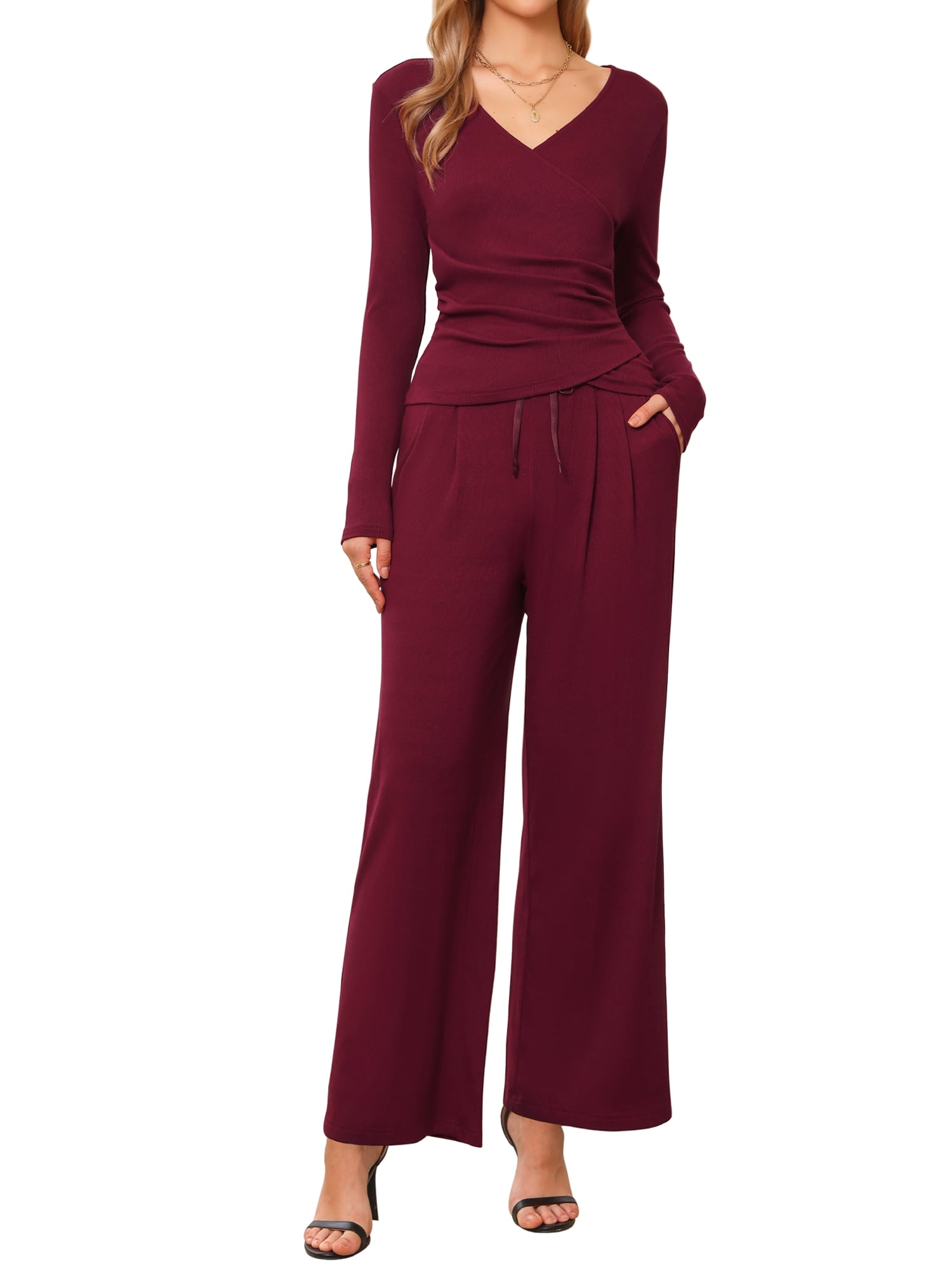 DARING DIVA Women's V Neck Drawstring Long Sleeve Wide Leg Casual Sets XS Burgundy
