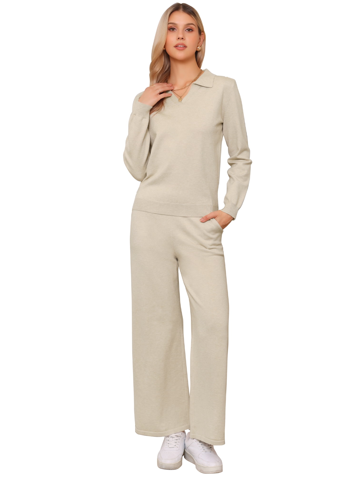 DARING DIVA Women's 2 Piece V-Neck Knit Comfortable Sweater Top Lounge Outfits S Apricot