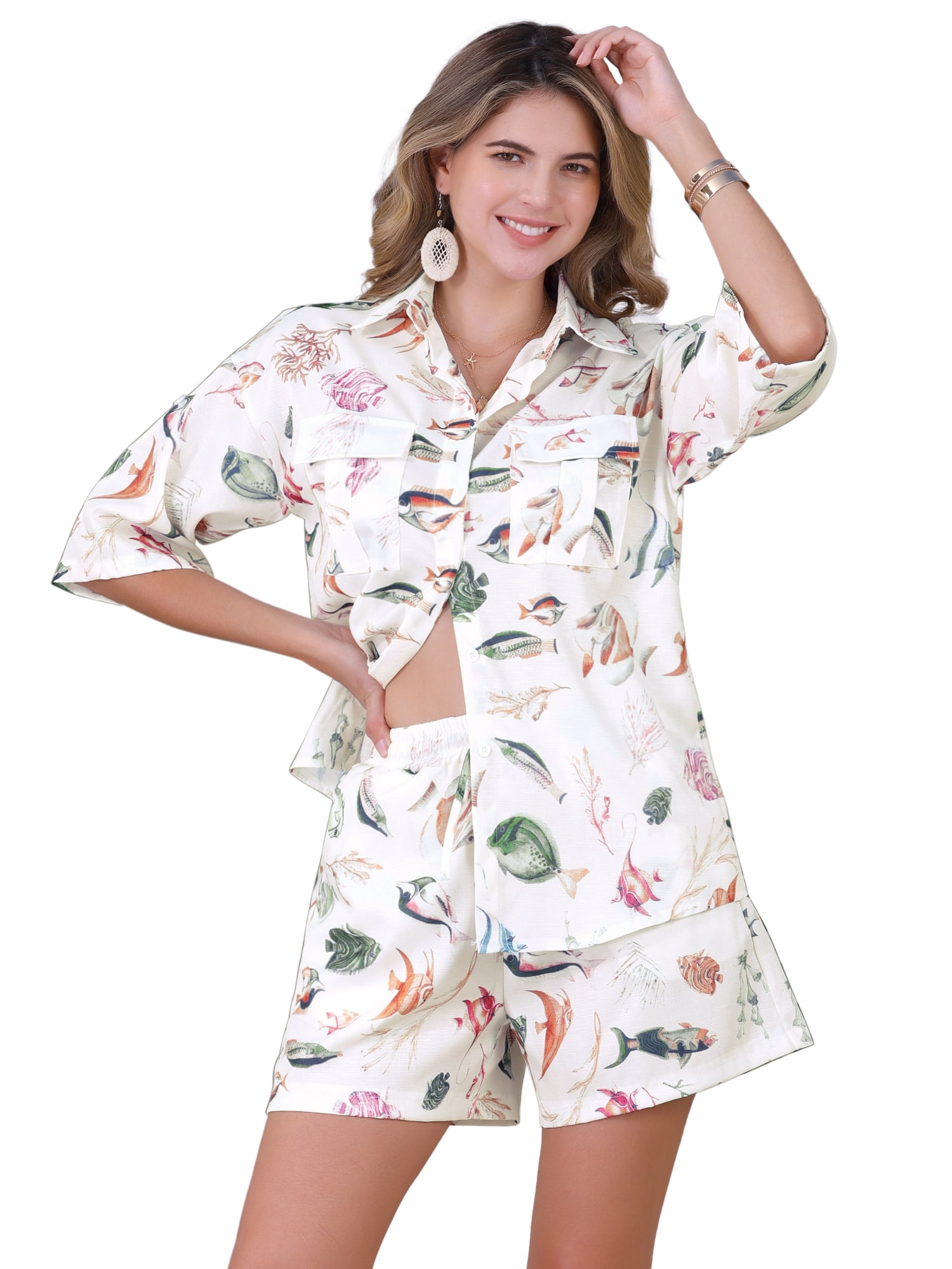 DARING DIVA Women's 2 Pieces Beach Outfits Printed Button Down Shirt and Shorts L White