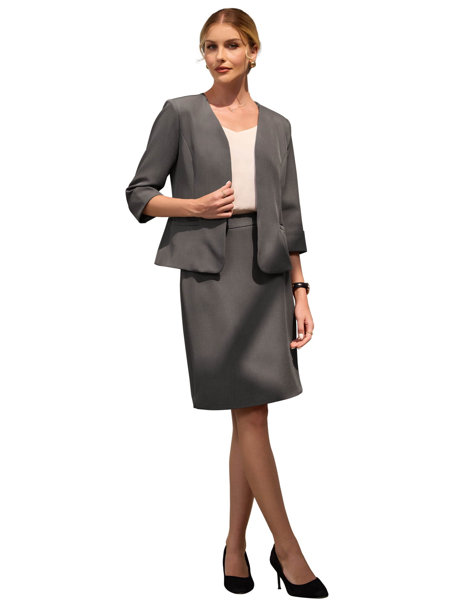 DARING DIVA Women's 2 Pieces Blazer and Skirt Work Business Outfits 2XL Grey