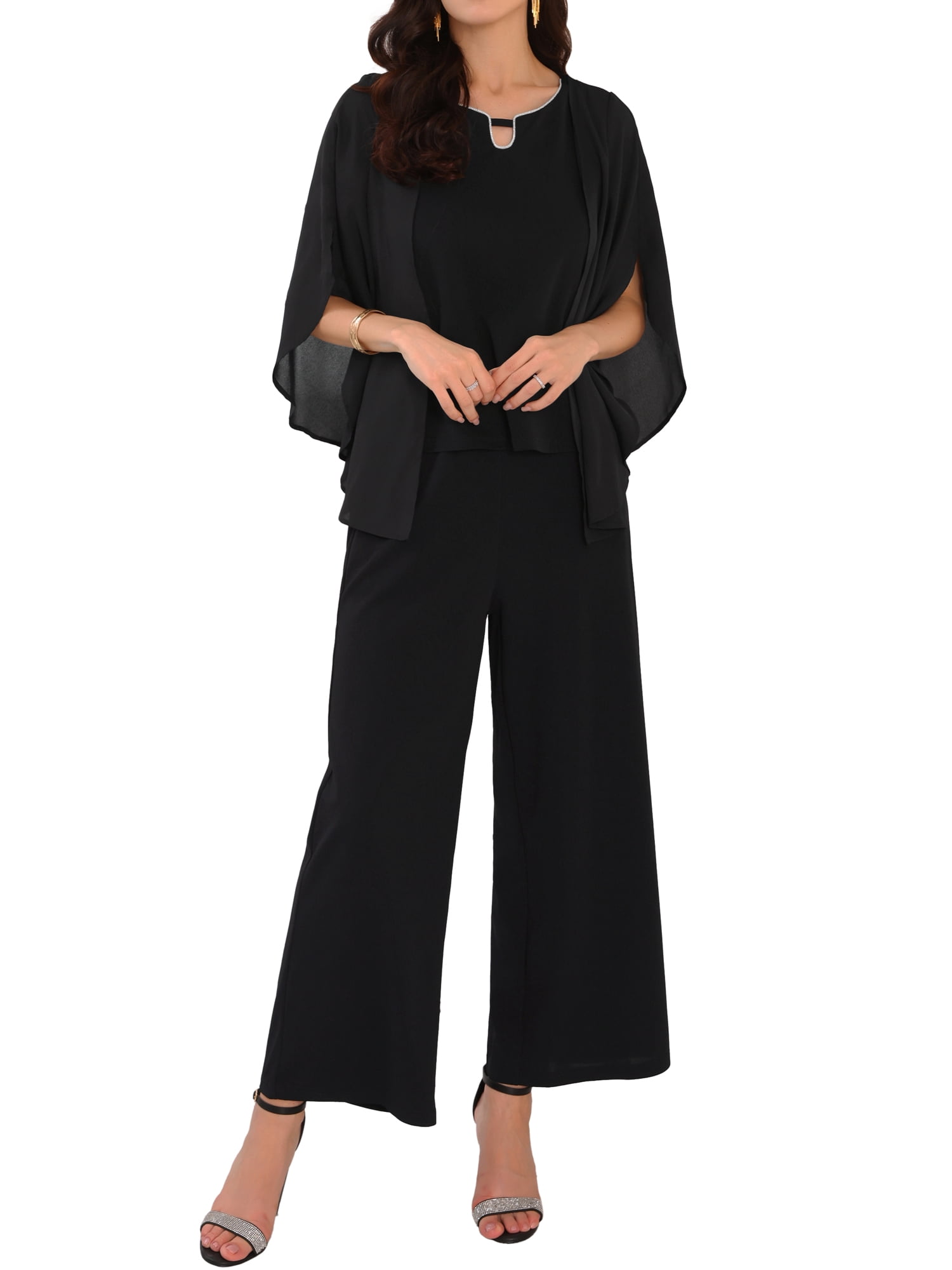 DARING DIVA Women's Dressy Pantsuits Wedding 2 Piece Sets Formal Chiffon Top M Black
