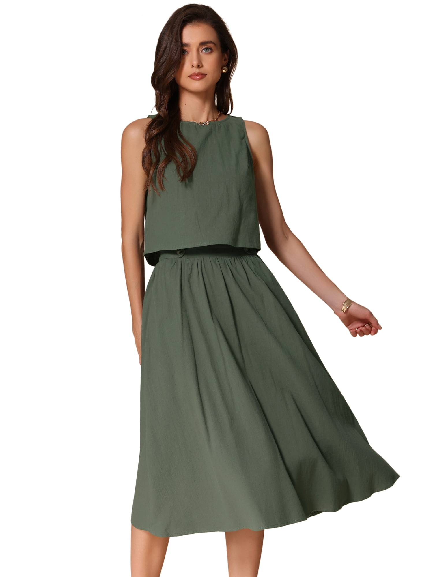 DARING DIVA Women's 2 Piece Round Neck Sleeveless Crop Top Midi Skirt Suit Set M Army Green