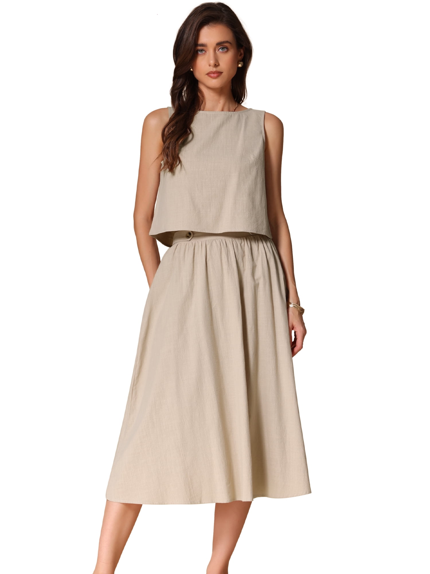 DARING DIVA Women's 2 Piece Round Neck Sleeveless Crop Top Midi Skirt Suit Set XL Khaki