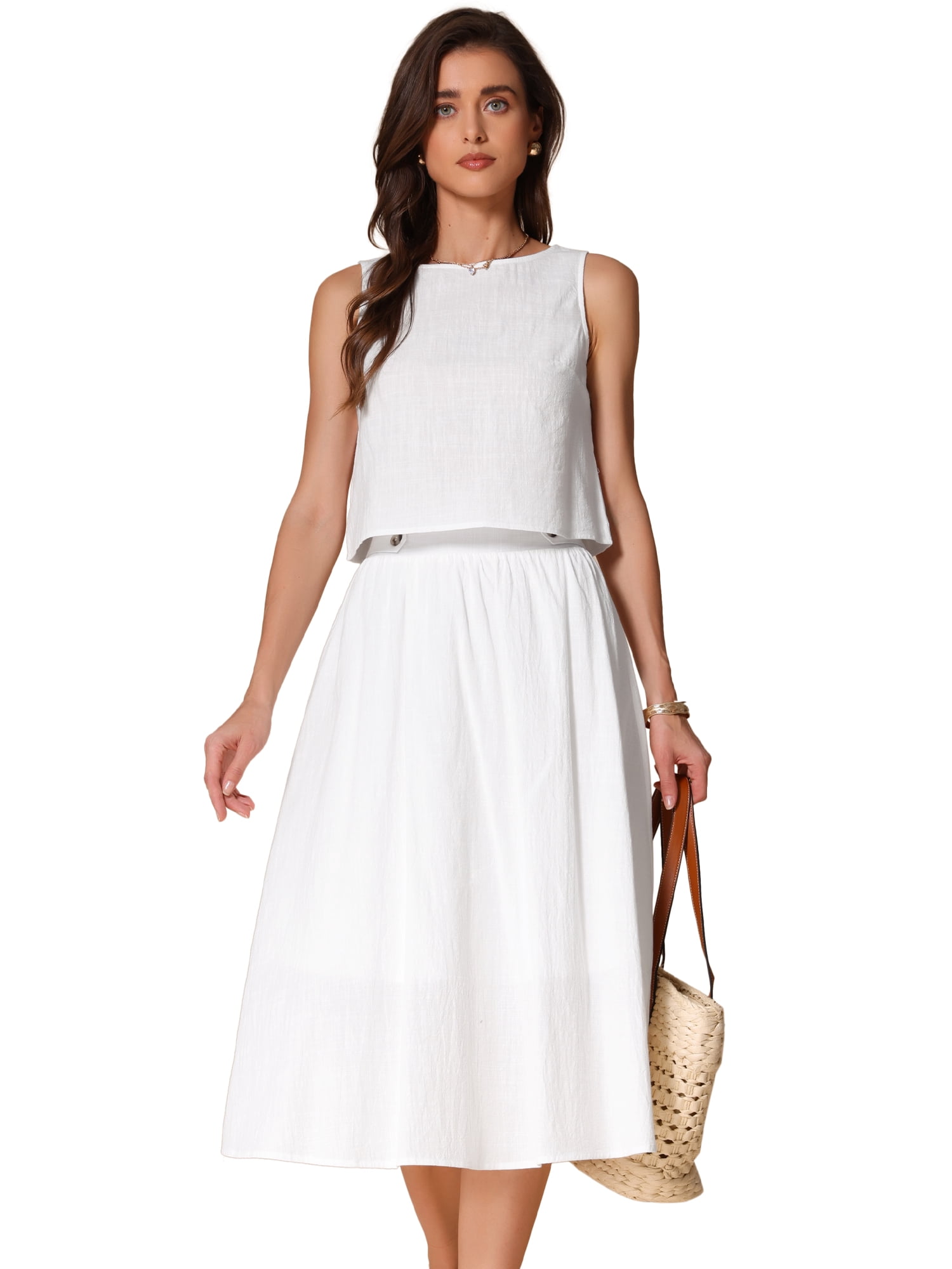 DARING DIVA Women's 2 Piece Round Neck Sleeveless Crop Top Midi Skirt Suit Set XS Beige