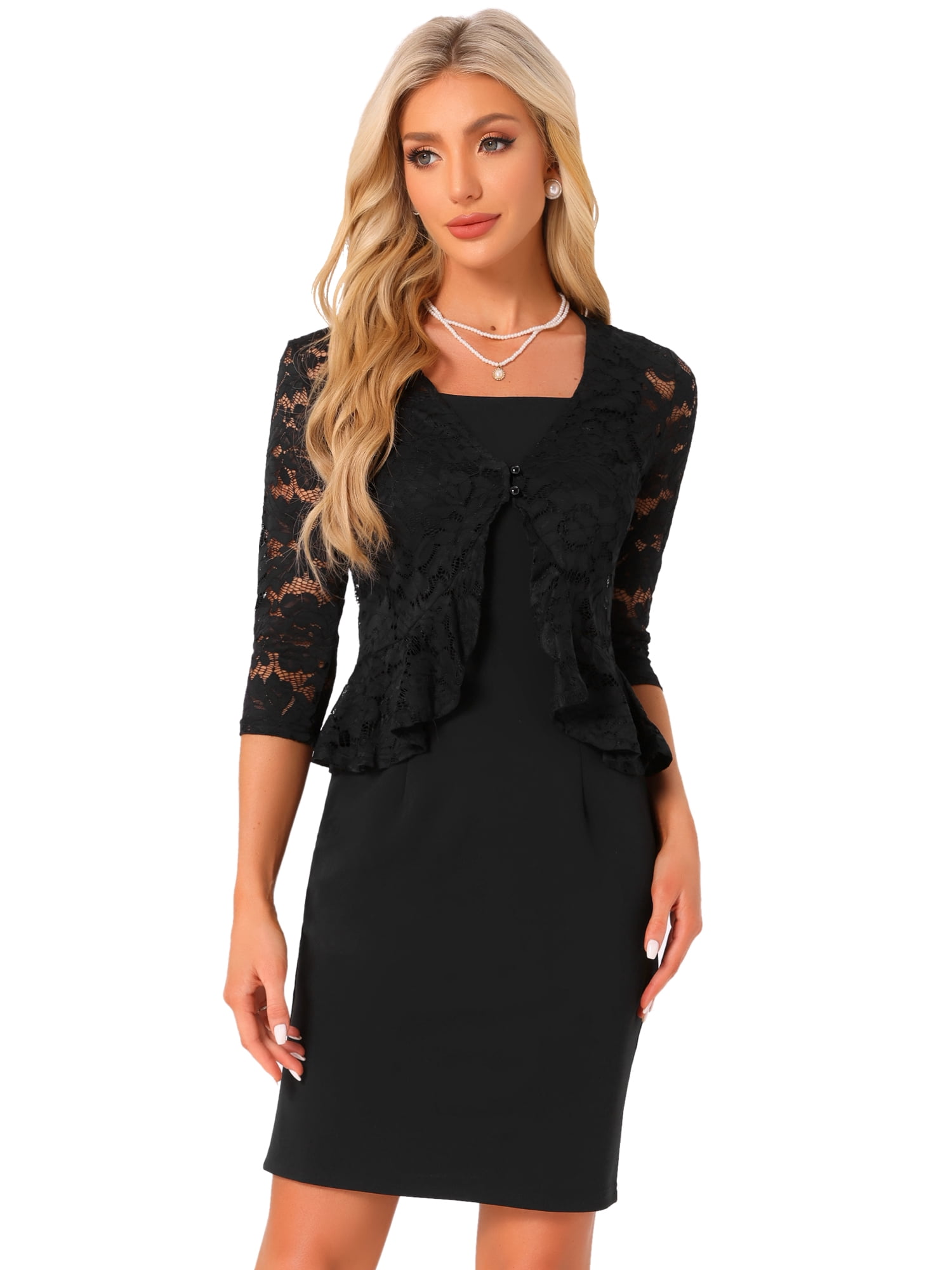 DARING DIVA Women's 2 Pieces Set Formal Sleeveless Dress and Lace Shrug L Black