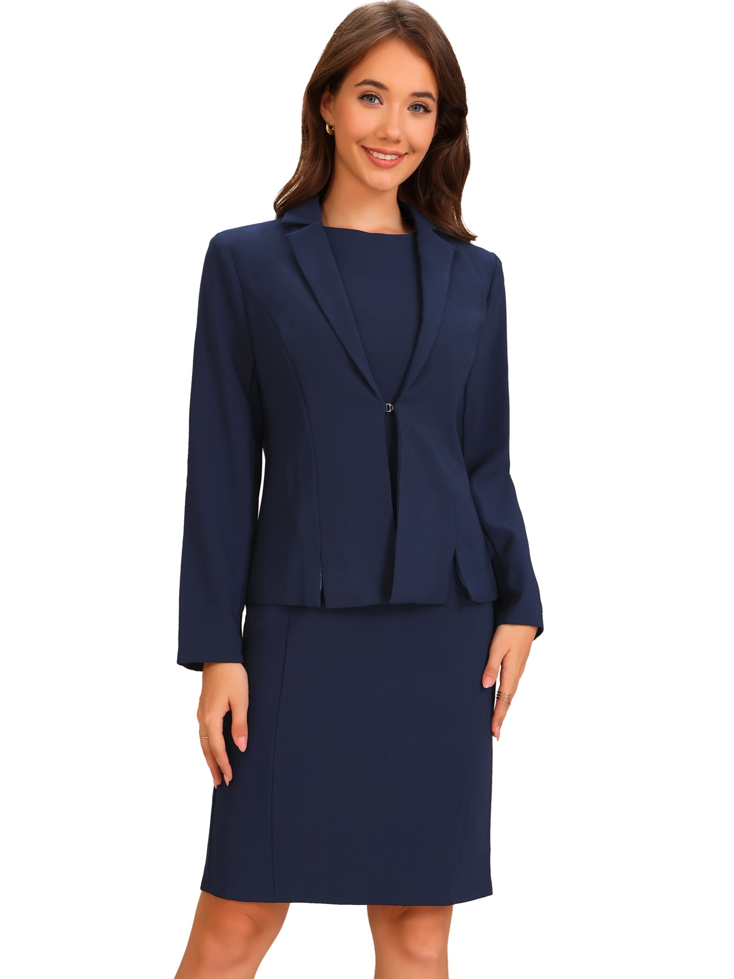 DARING DIVA 2Pcs Women's Sleeveless Dress Notched Lapel Blazer Suit Set S Dark Blue