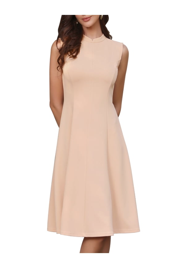 Women's 2026 Mock Neck Sleeveless A Line Work Business Midi Dress S Beige