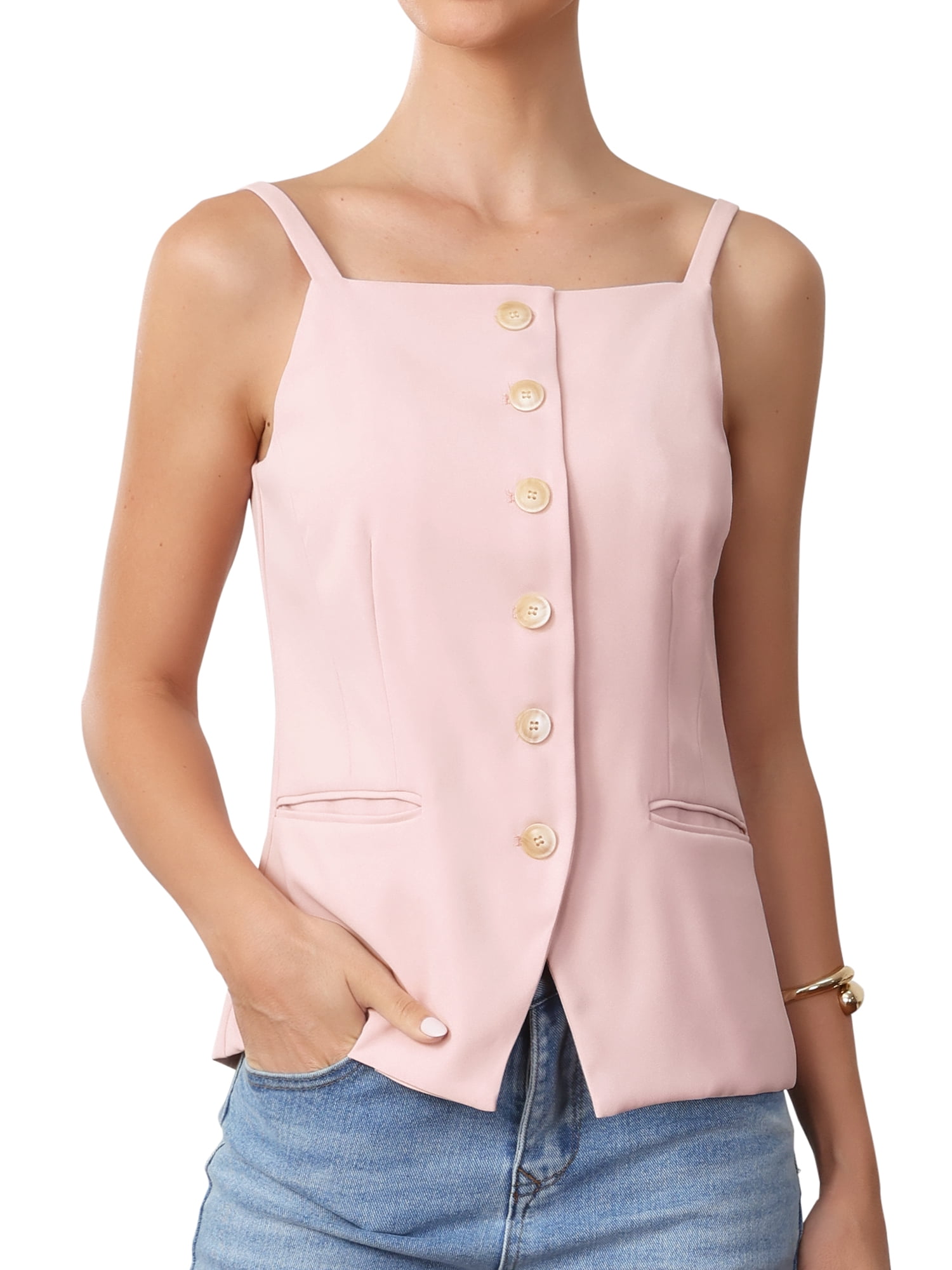 DARING DIVA Women's Sleeveless Suit Button Down Square Neck Vest L Pink