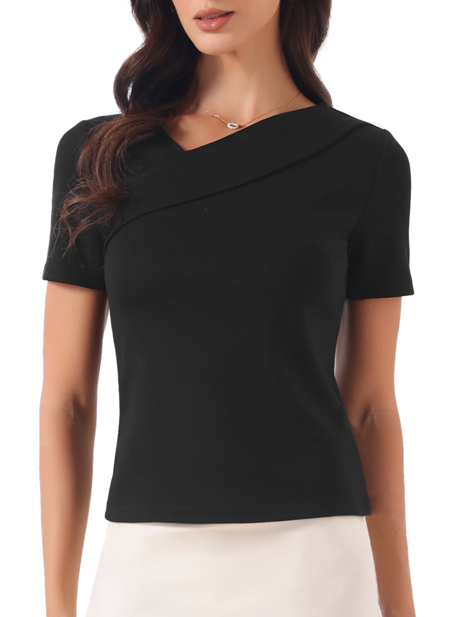 DARING DIVA Women's 2026 Summer Tops Asymmetrical Neck Slim Fit Shirts L Black