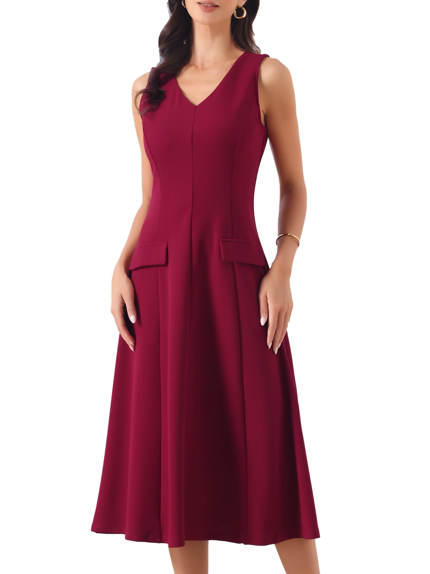 DARING DIVA Women's 2026 V Neck Office Work Sleeveless Midi A Line Dresses L Deep Red