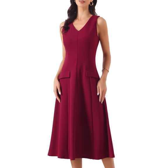 DARING DIVA Women's 2026 V Neck Office Work Sleeveless Midi A Line Dresses M Deep Red