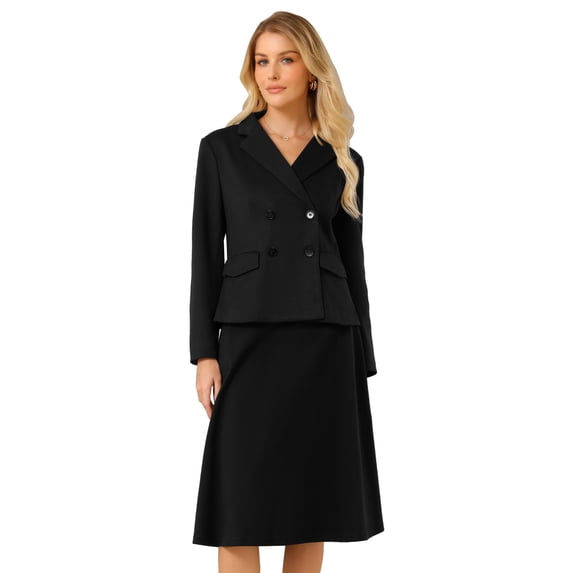DARING DIVA Women's 2Pcs Double Breasted Blazers and A-Line Skirts Set L Black