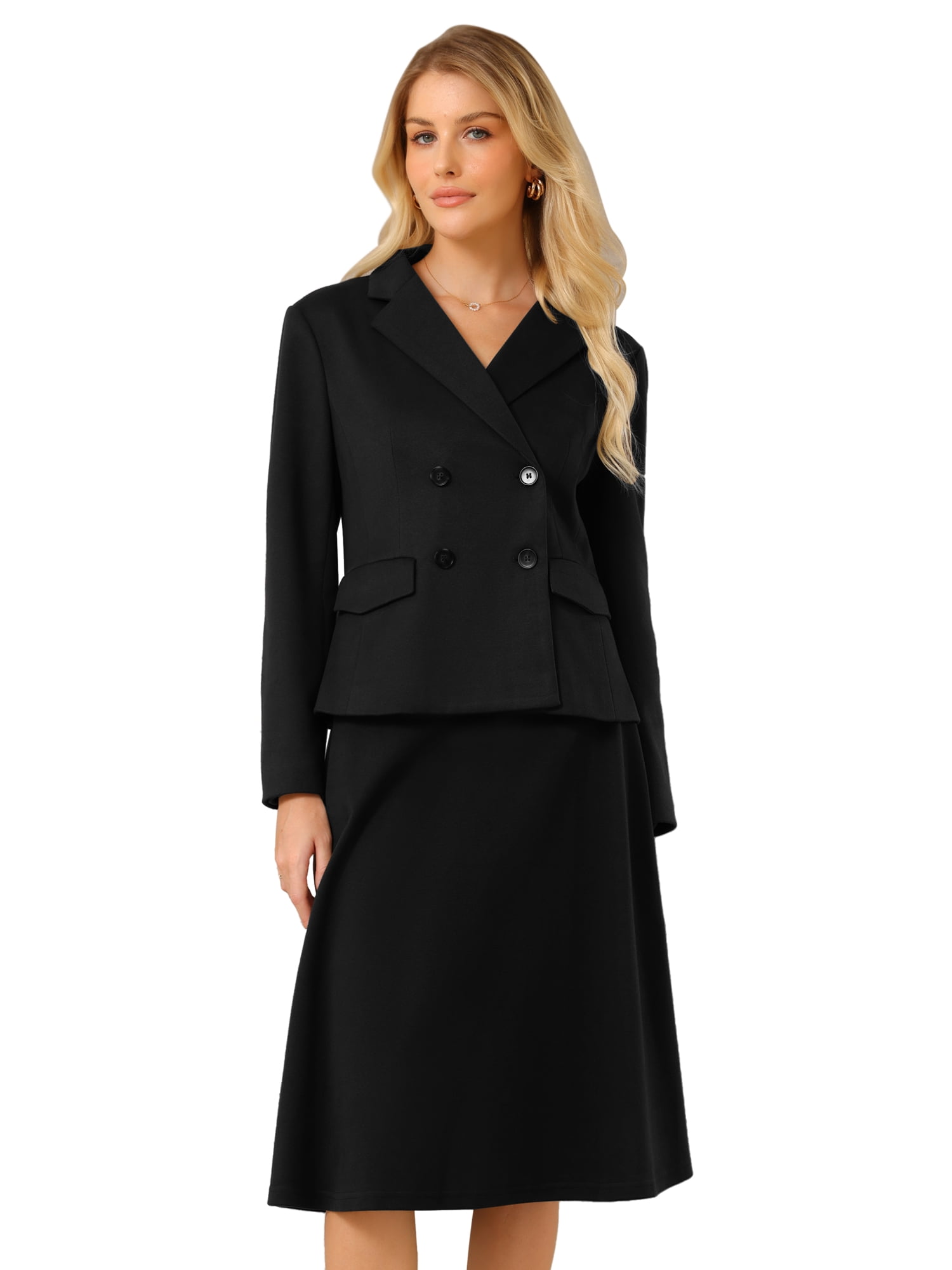 DARING DIVA Women's 2Pcs Double Breasted Blazers and A-Line Skirts Set S Black