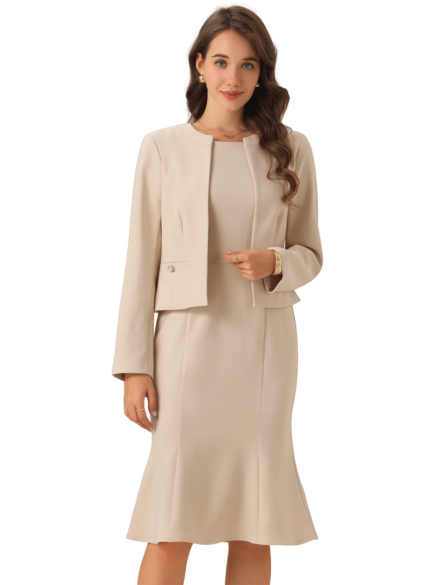 DARING DIVA Women's 2Pcs Suit Sleeveless Dress Crop Blazer Set M Beige