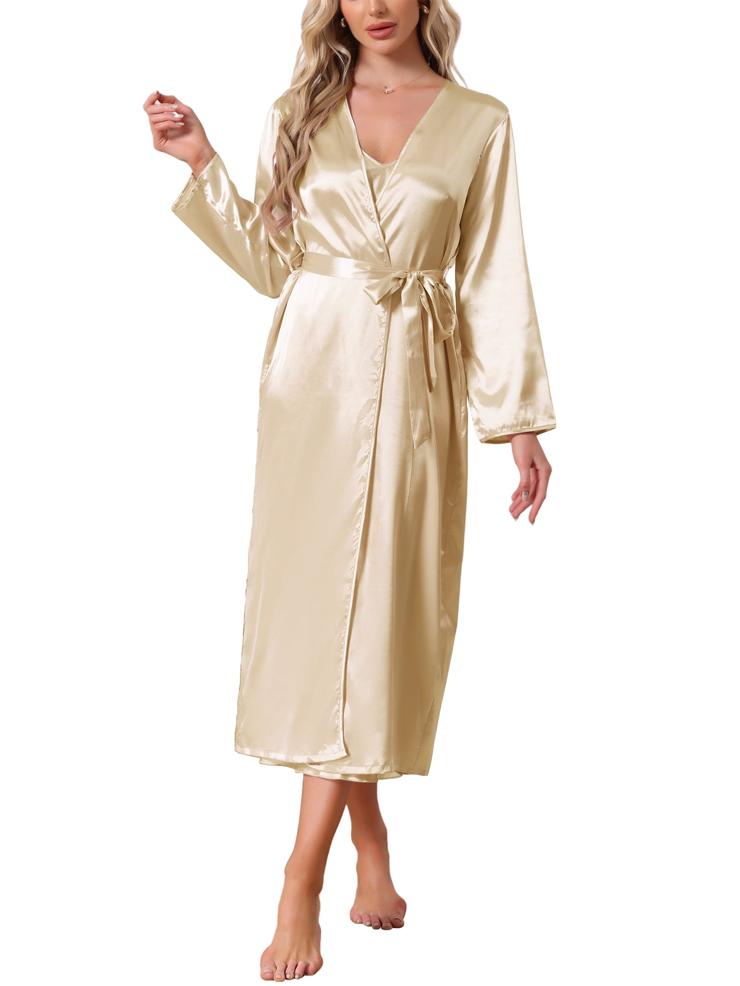 DARING DIVA Women's 2pcs Satin Silky Soft Midi Camisole Robe Set S Gold