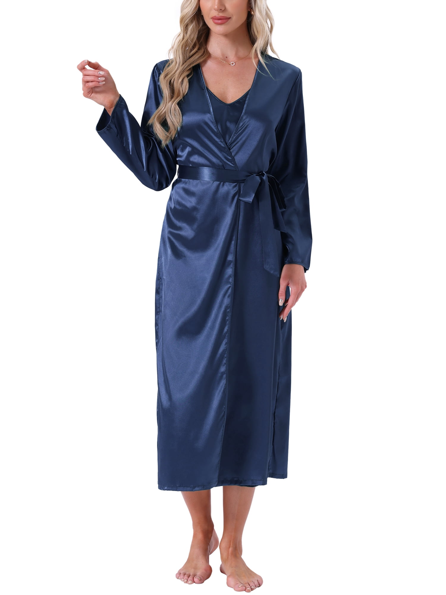 DARING DIVA Women's 2pcs Satin Silky Soft Midi Camisole Robe Set XL Blue