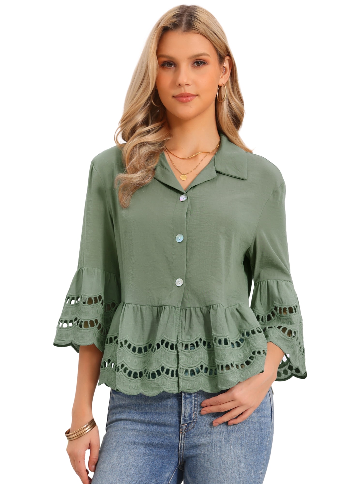 DARING DIVA Women's 3/4 Bell Sleeve Tops Ruffle Hem Button Down Eyelet Blouse M Green