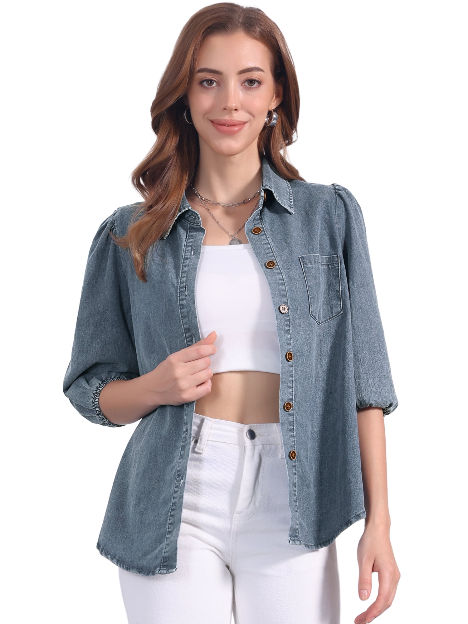 DARING DIVA Women's 3/4 Puff Sleeve Collar Button Down Jean Shirts M Gray Blue