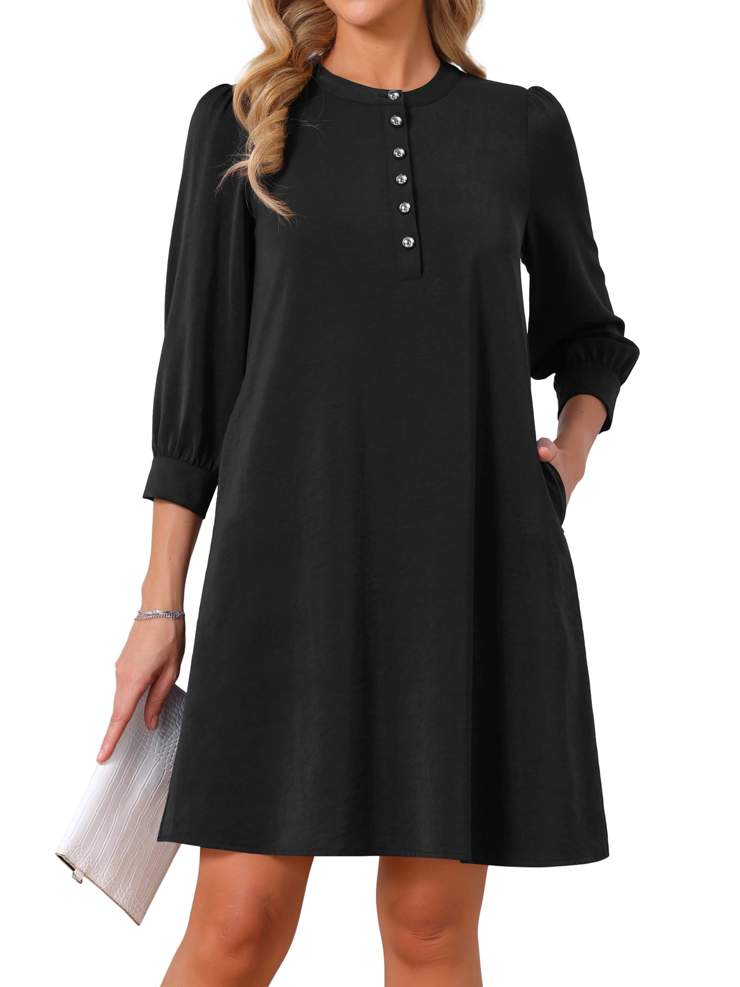 DARING DIVA Women's 3/4 Puff Sleeve Mini Button Crewneck Shift Dress M Black