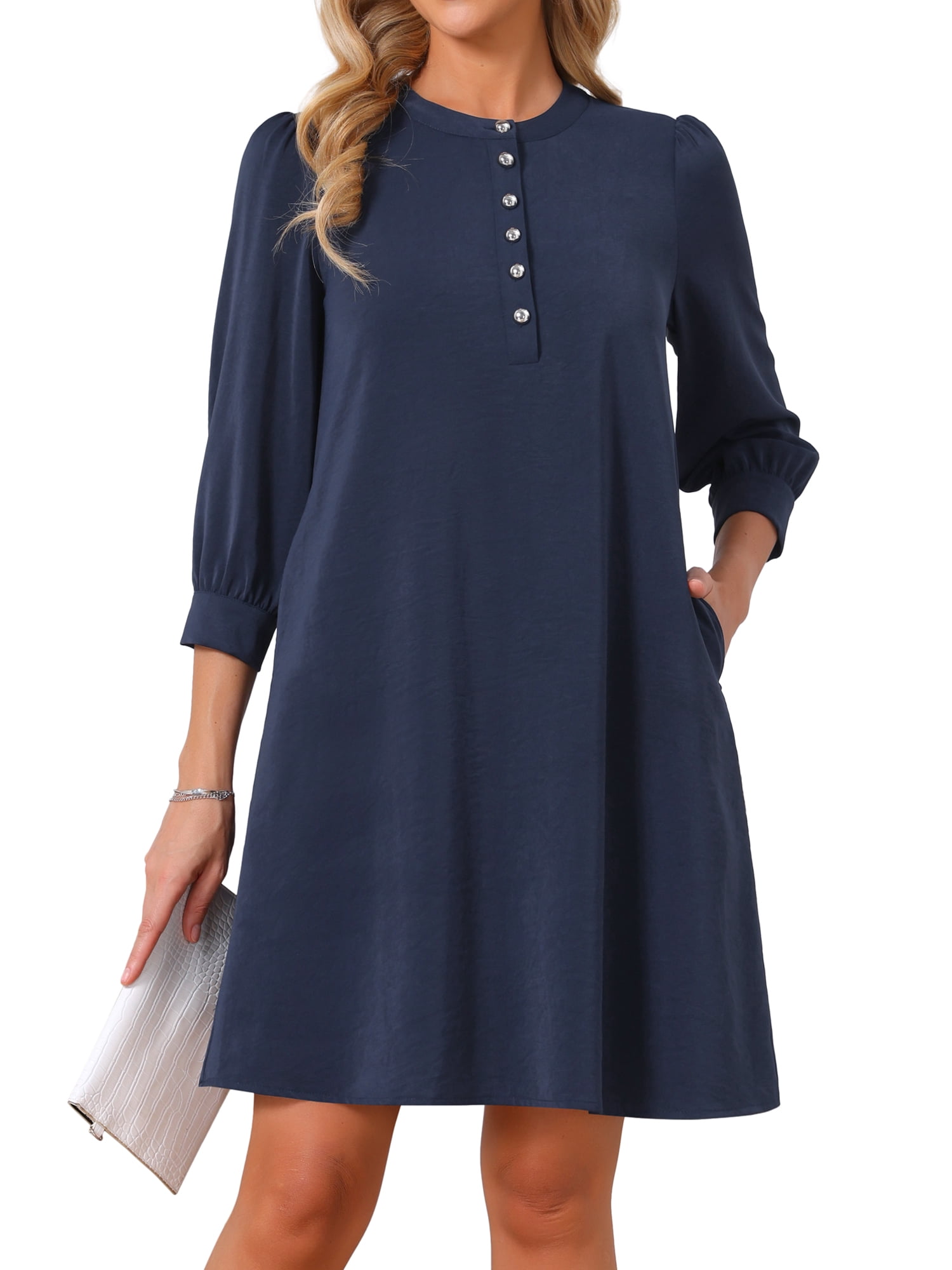 DARING DIVA Women's 3/4 Puff Sleeve Mini Button Crewneck Shift Dress M Dark Blue