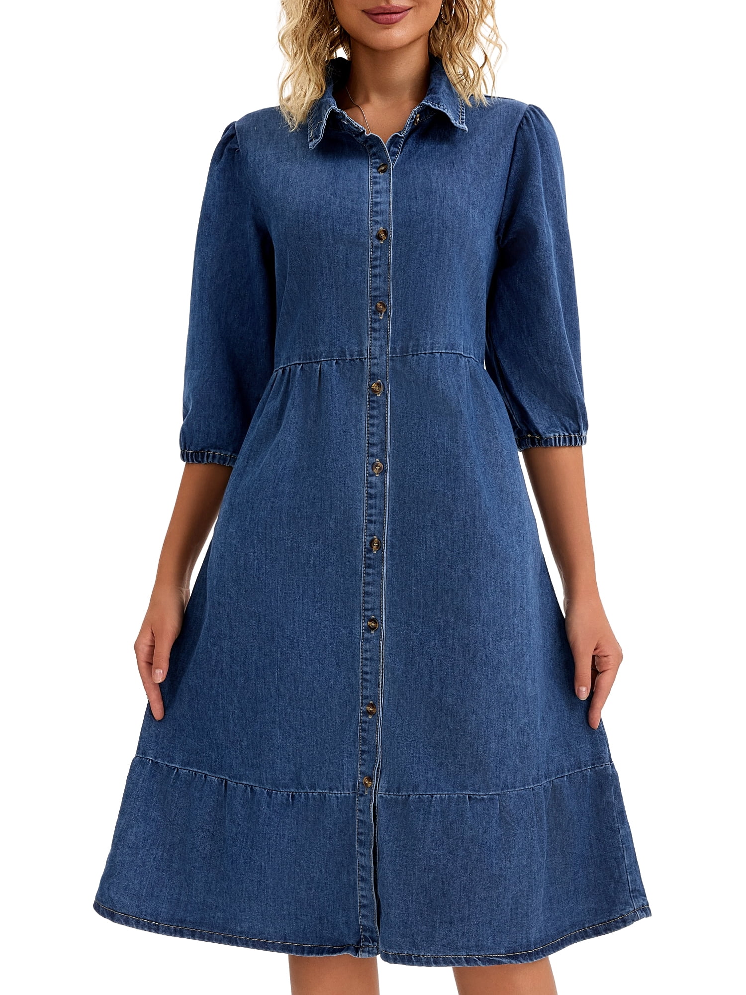 DARING DIVA Women's 3/4 Sleeve Button Down Collar Swing Tiered Dress 2XL Dark Blue