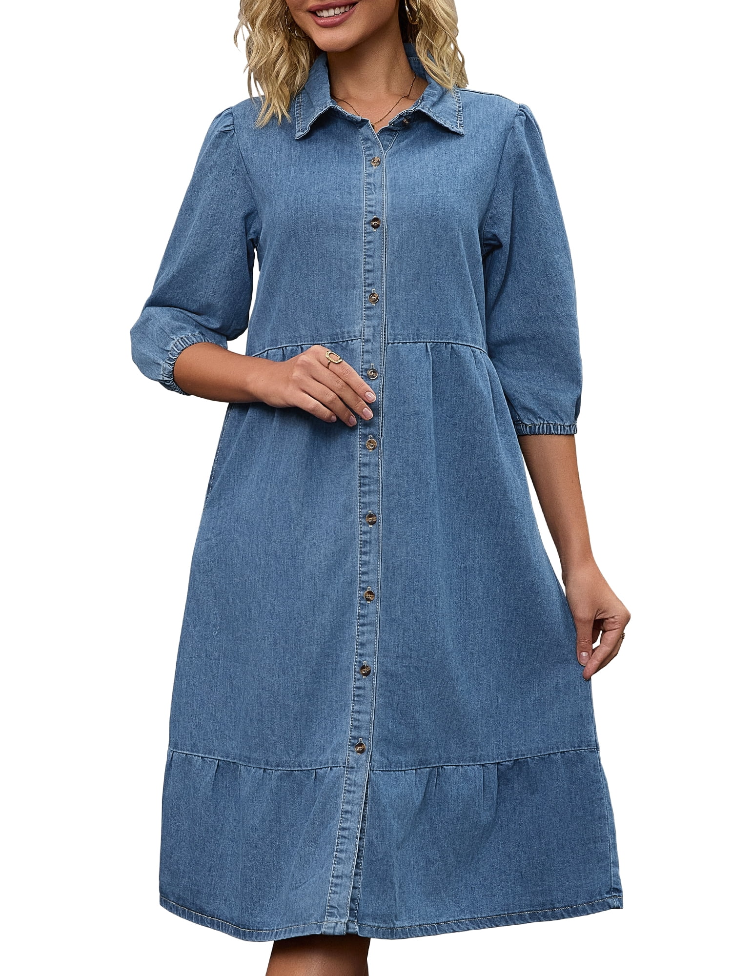 DARING DIVA Women's 3/4 Sleeve Button Down Collar Swing Tiered Dress L Light Blue