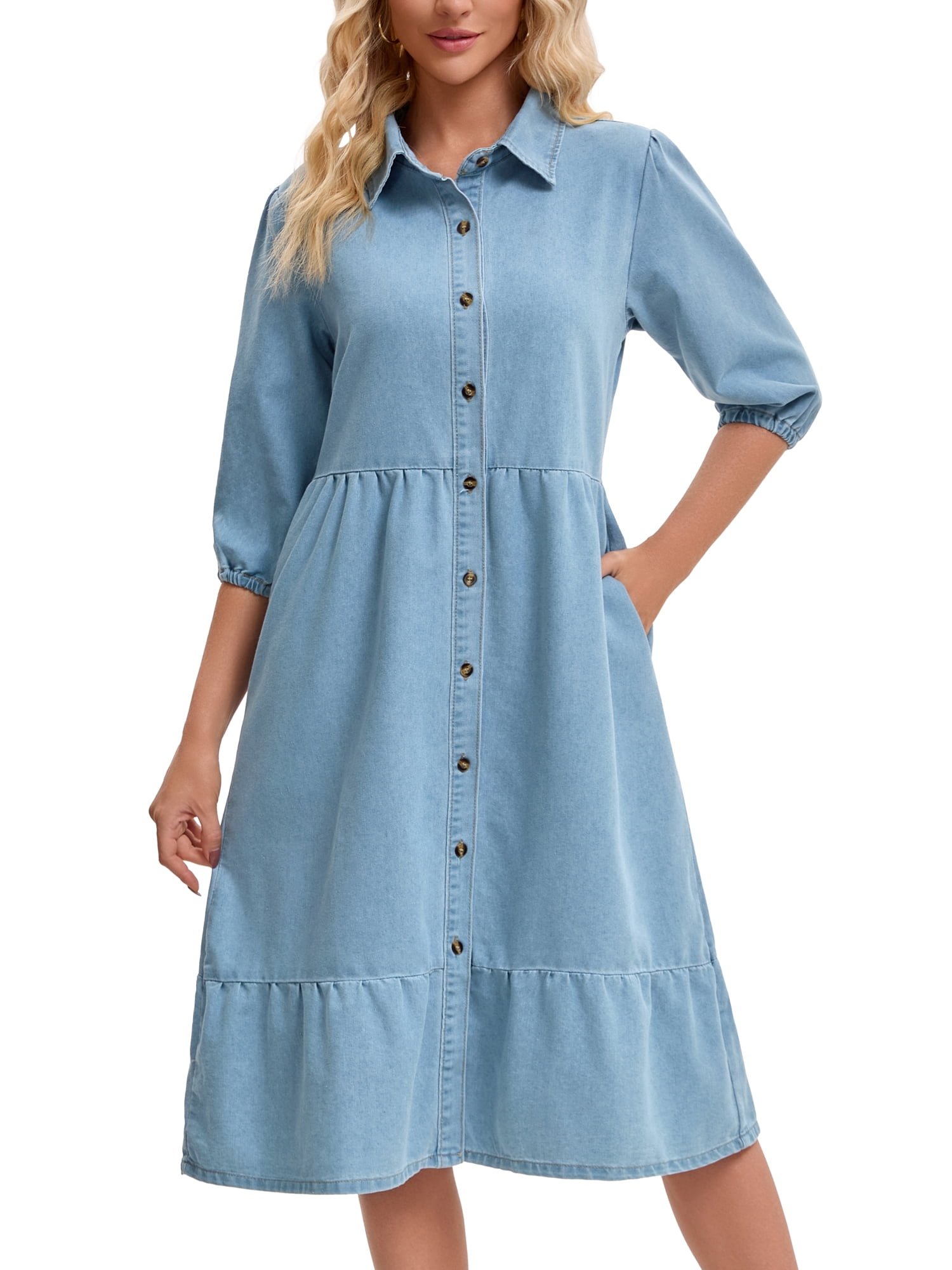 DARING DIVA Women's 3/4 Sleeve Button Down Collar Swing Tiered Dress S Pale Blue