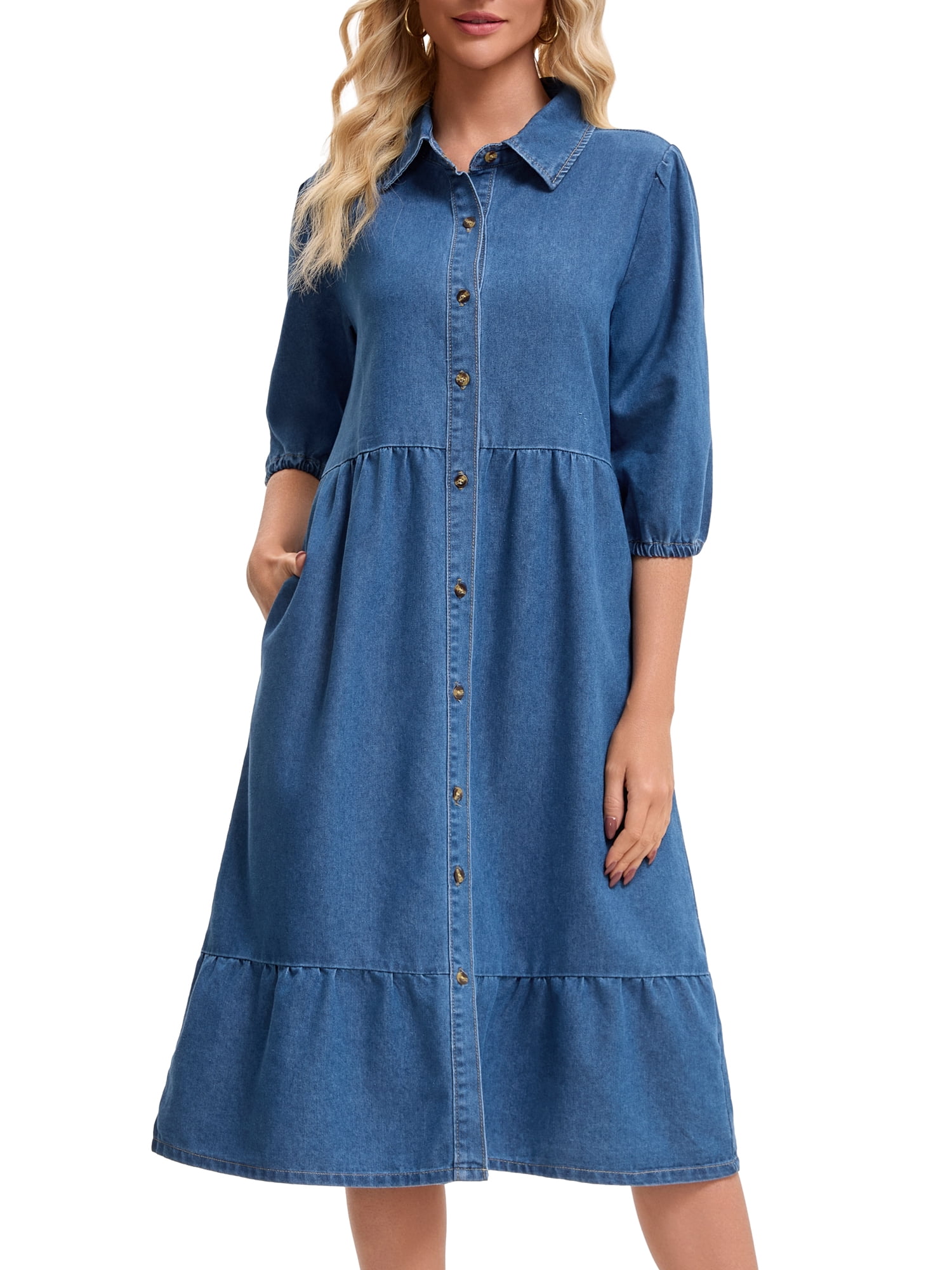 DARING DIVA Women's 3/4 Sleeve Button Down Collar Swing Tiered Dress XL Blue