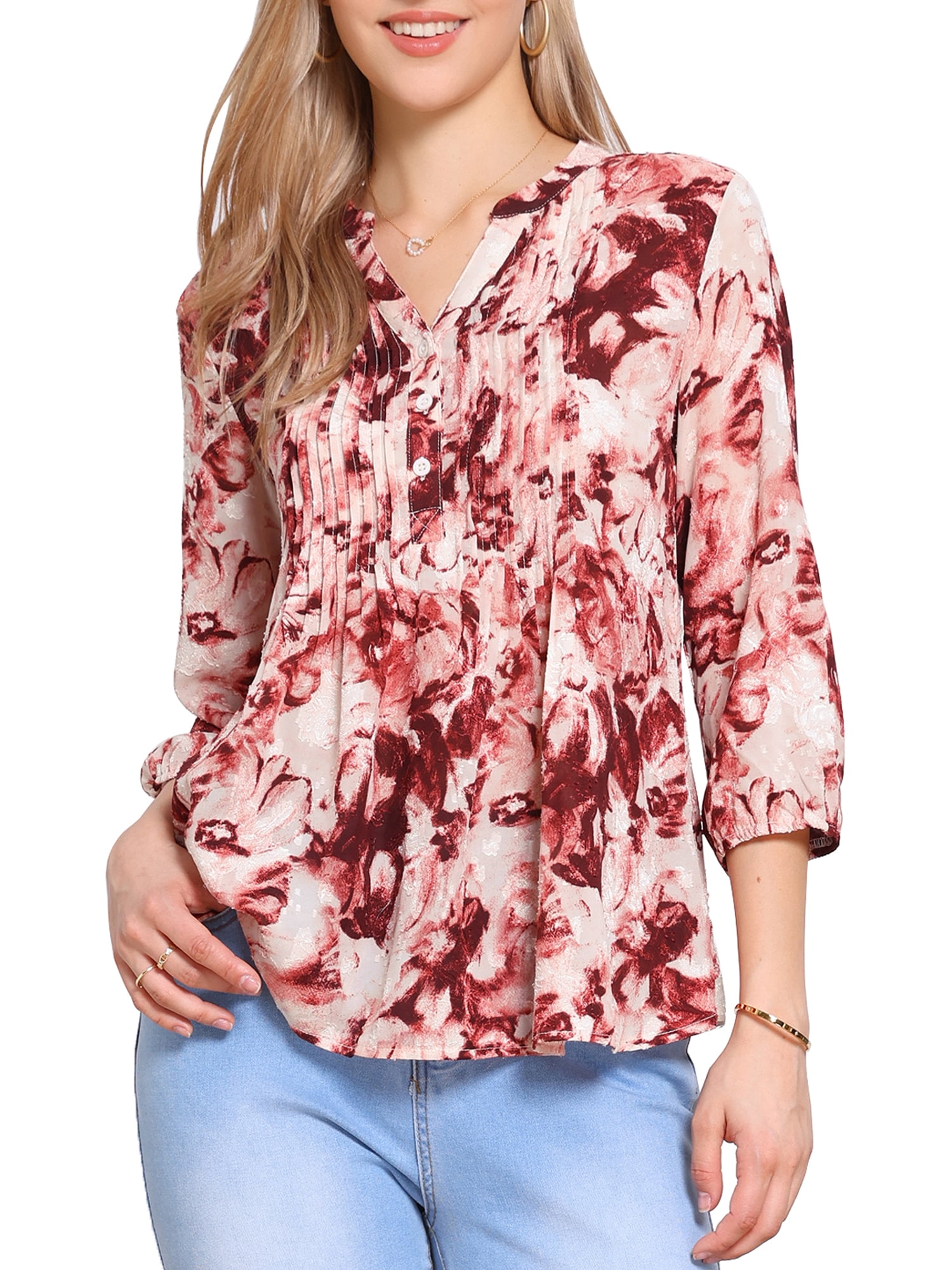 DARING DIVA Women's 3/4 Sleeve Button Down V Neck Casual Pleated Top M Beige Red