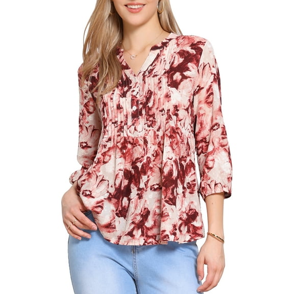 DARING DIVA Women's 3/4 Sleeve Button Down V Neck Casual Pleated Top XS Beige Red